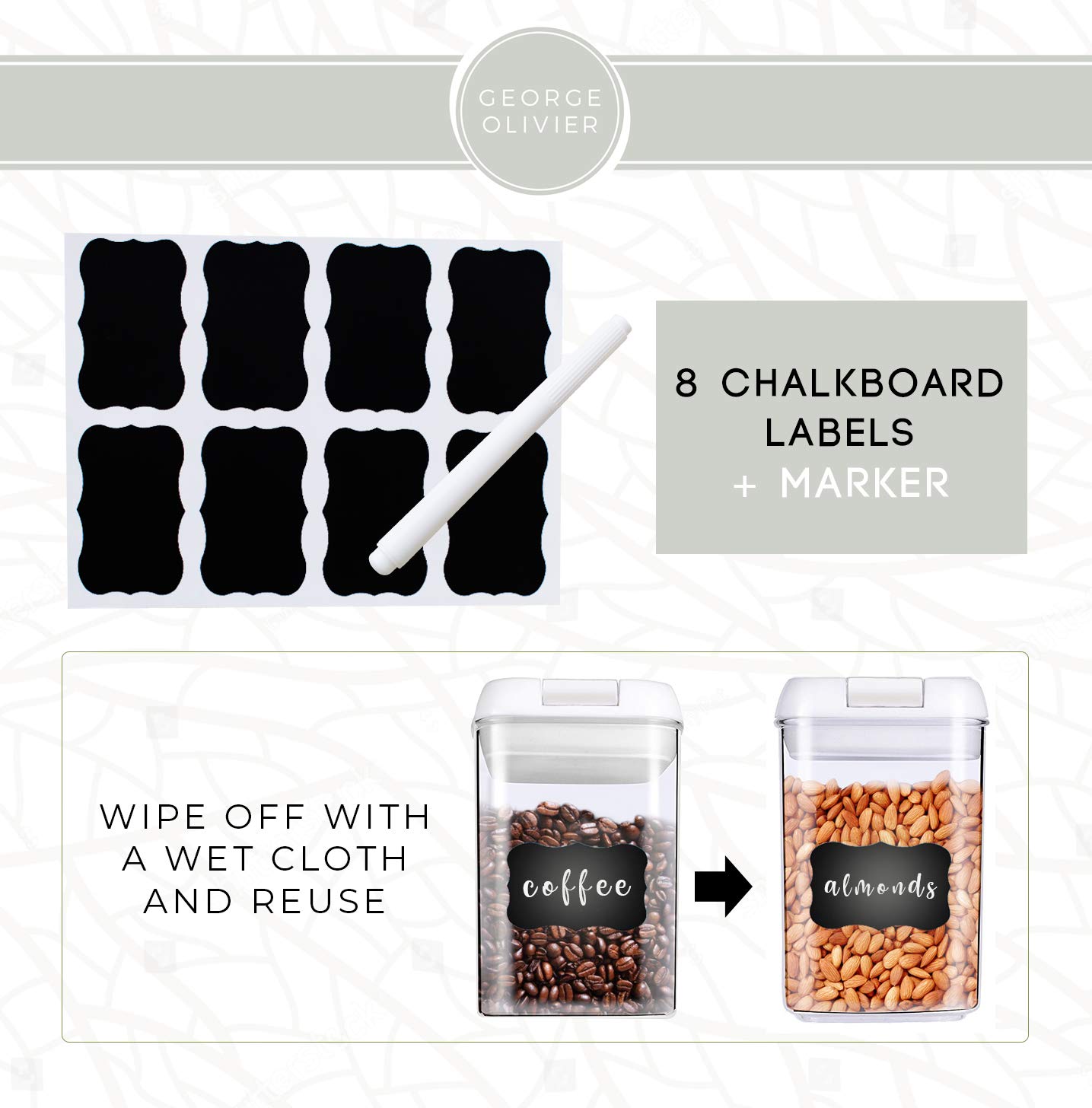 George Olivier 7-Piece Airtight Food Storage Containers Set with 8 Chalkboard Labels & Marker | Perfect for Cereal, Flour, Rice, Pasta & Dry Goods | Ideal for Kitchen Pantry Organization & Meal Prep Storage