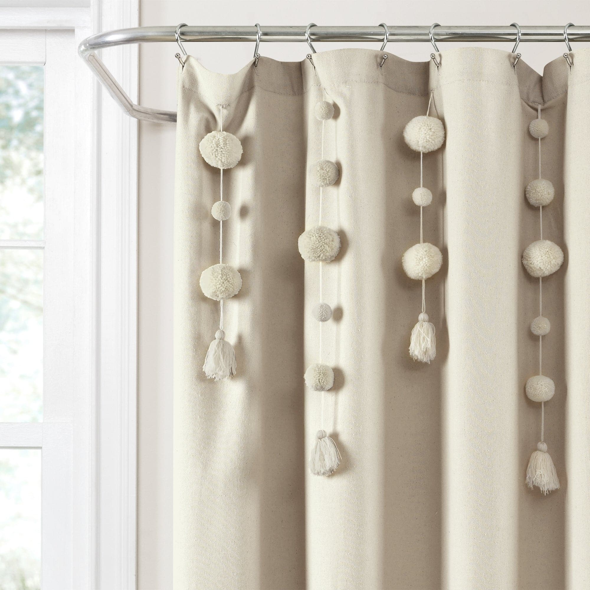 Boho Pom Pom Tassel Faux Linen Shower Curtain - Waterproof Bathroom Decor for Bohemian Style, Farmhouse & Coastal Homes (72x72 Inches) - Perfect for Master Bath, Guest Bath & Kids' Bathroom