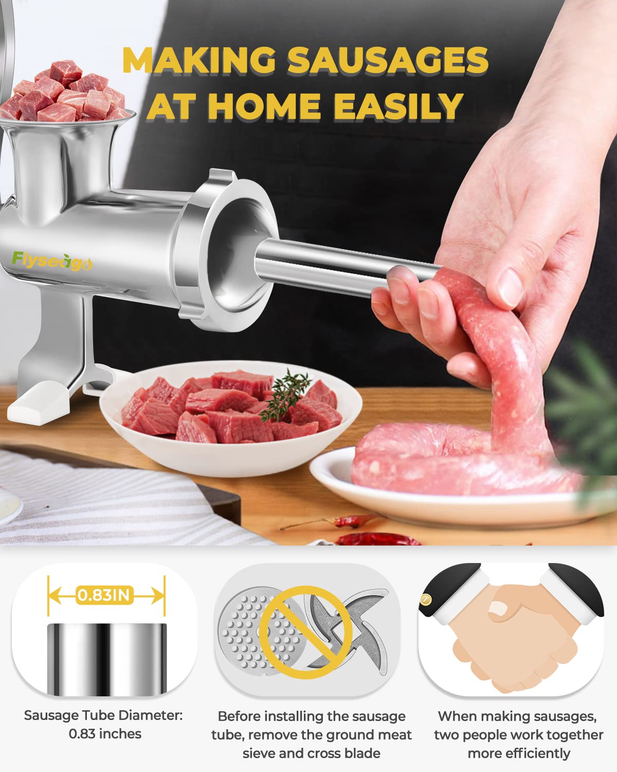 Stainless Steel Manual Meat Grinder - Heavy Duty Hand Cranked Food Mincer for Ground Beef, Sausage, Vegetables | Home Kitchen Use, Camping & Outdoor Cooking | Dishwasher Safe (#10 Size)