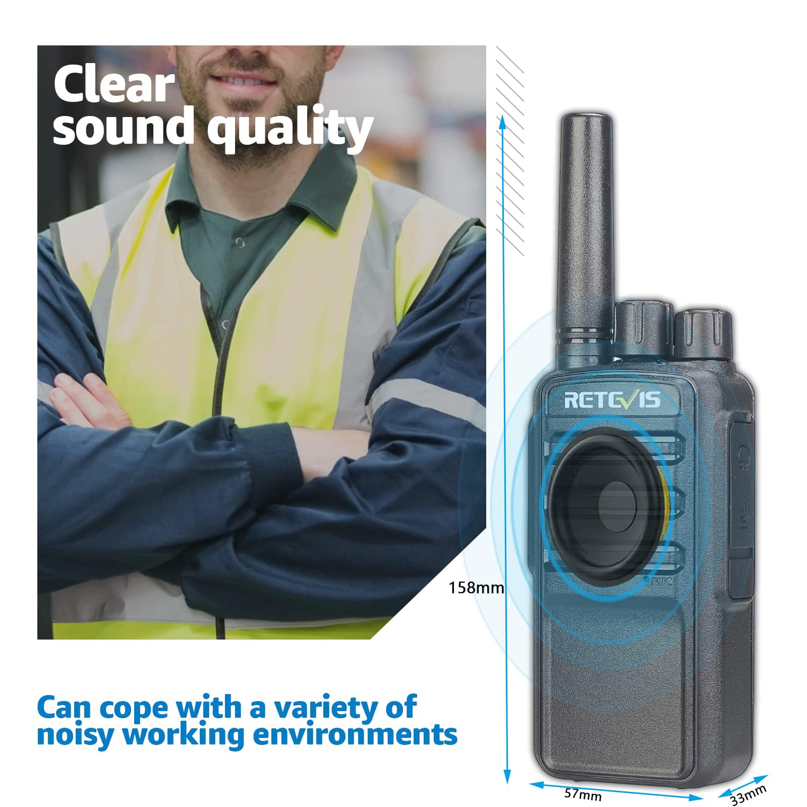 Retevis NR10 Heavy Duty Walkie Talkies (10 Pack) - AI Noise Canceling 2 Way Radios with VOX, 1200mAh Battery & USB Charging Base - Ideal for Factory, Warehouse, Construction Site & Outdoor Adventures