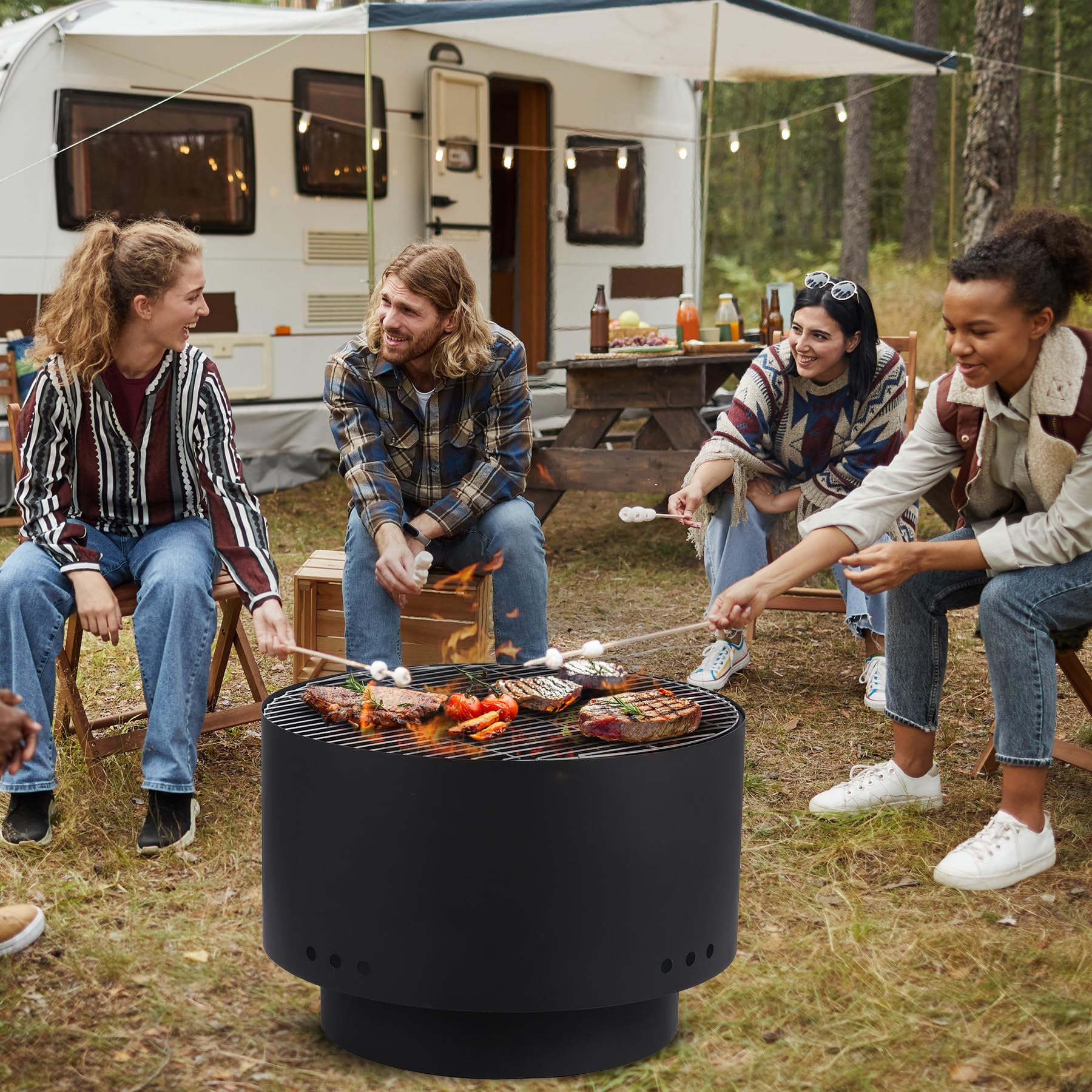26 Inch Smokeless Outdoor Fire Pit with Grill & Cover - Portable Wood Burning Fireplace for BBQ, Camping, Backyard - Includes Carrying Bag & Poker - Perfect for Patio, Picnic, and Bonfire Nights