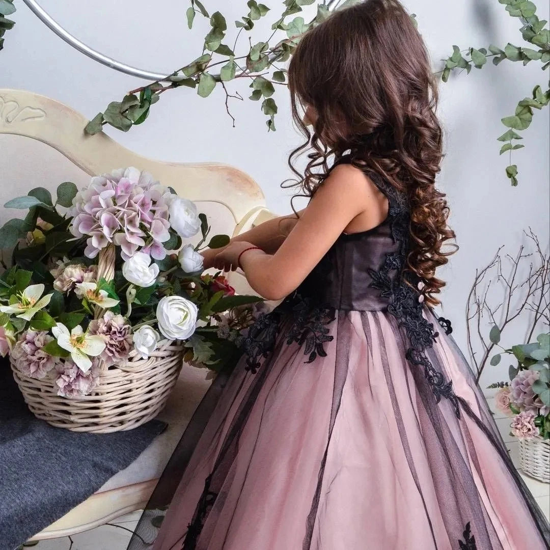Princess Girls Party Dress - Blush & Black Formal Gown for Kids Birthday, Wedding & Special Occasions