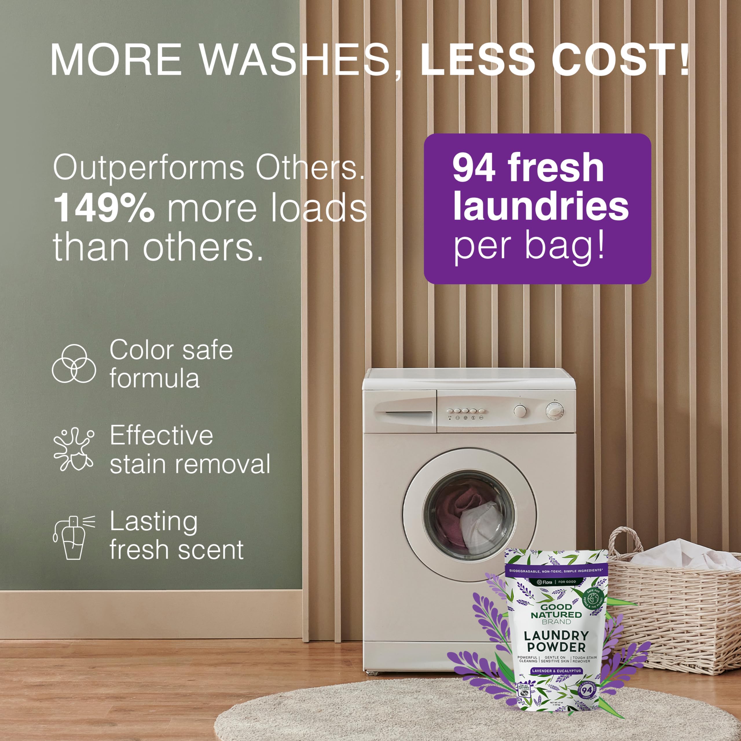 Natural Laundry Detergent Powder - Hypoallergenic & Eco-Friendly Washing Soda for Laundry | Stain Remover Safe for Sensitive Skin | Lavender & Eucalyptus Scent | 94oz (188 Loads) | Perfect for Babies, Delicates & Eco-Conscious Families
