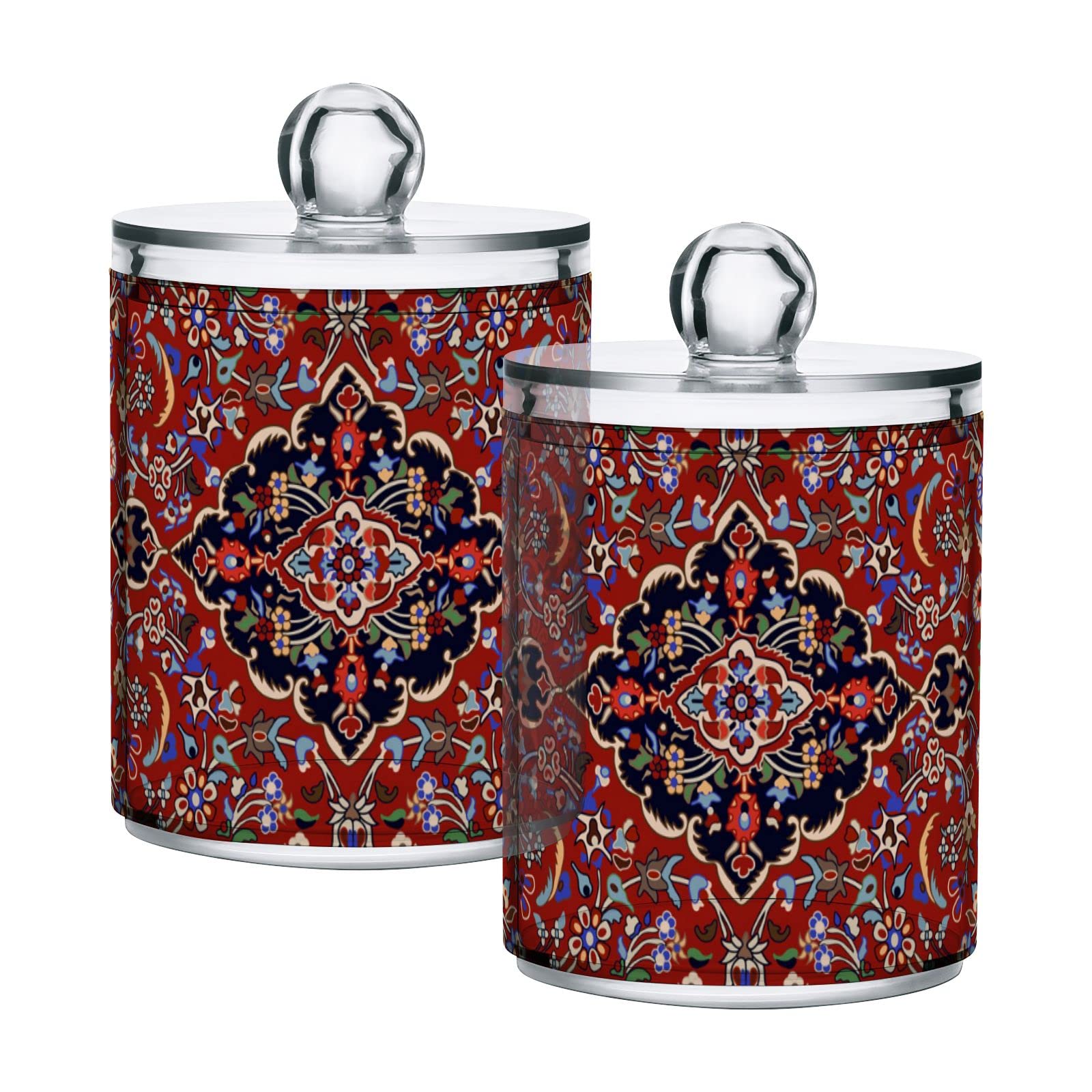 Vintage Persian Tribal Floral Red Pattern Plastic Storage Jars with Lids (Set of 2) - 10 oz Translucent Food Containers for Tea, Cookies, Cotton Swabs | Perfect for Kitchen Pantry Organization, Spice Storage & Home Decor
