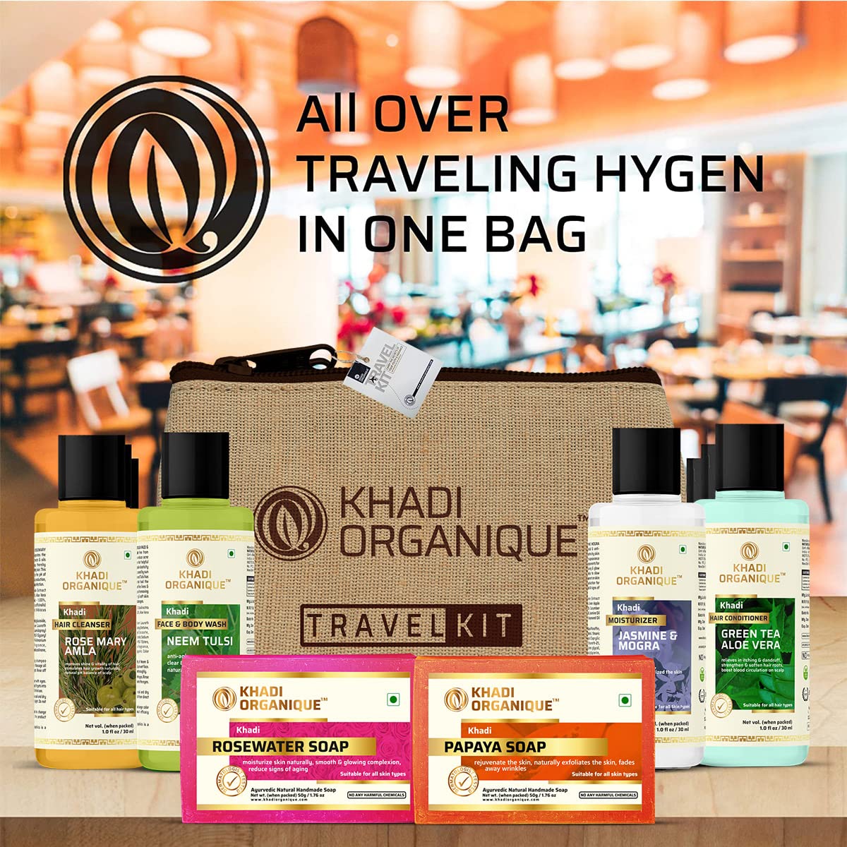 Khadi Organique Travel Grooming Kit for Men & Women - 6-Piece Set (2 Soaps, Shampoo, Conditioner, Moisturizer, Face Wash) - Perfect for Travel, Camping & Gym Essentials
