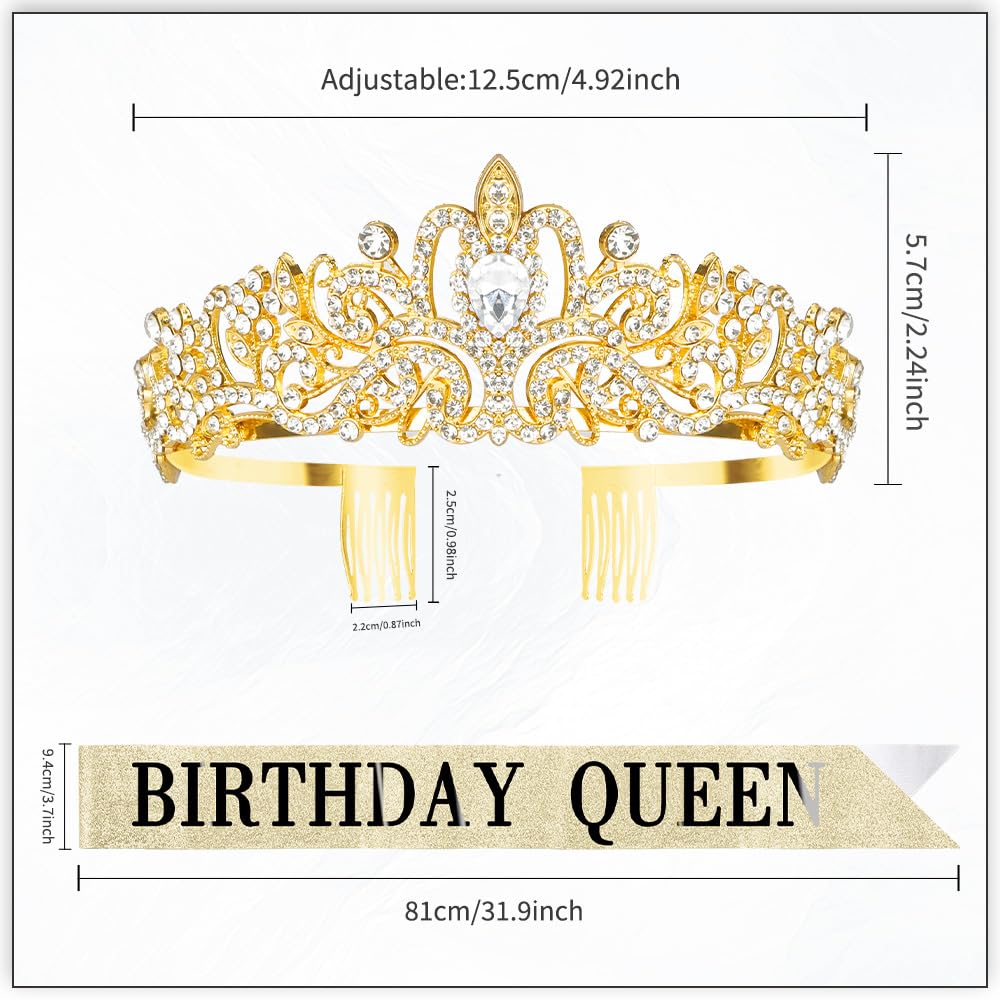 Elegant Birthday Sash & Tiara Set for Women - Queen Birthday Crown & Headband Decorations - Perfect for Birthday Parties, Bachelorette Celebrations & Special Occasions