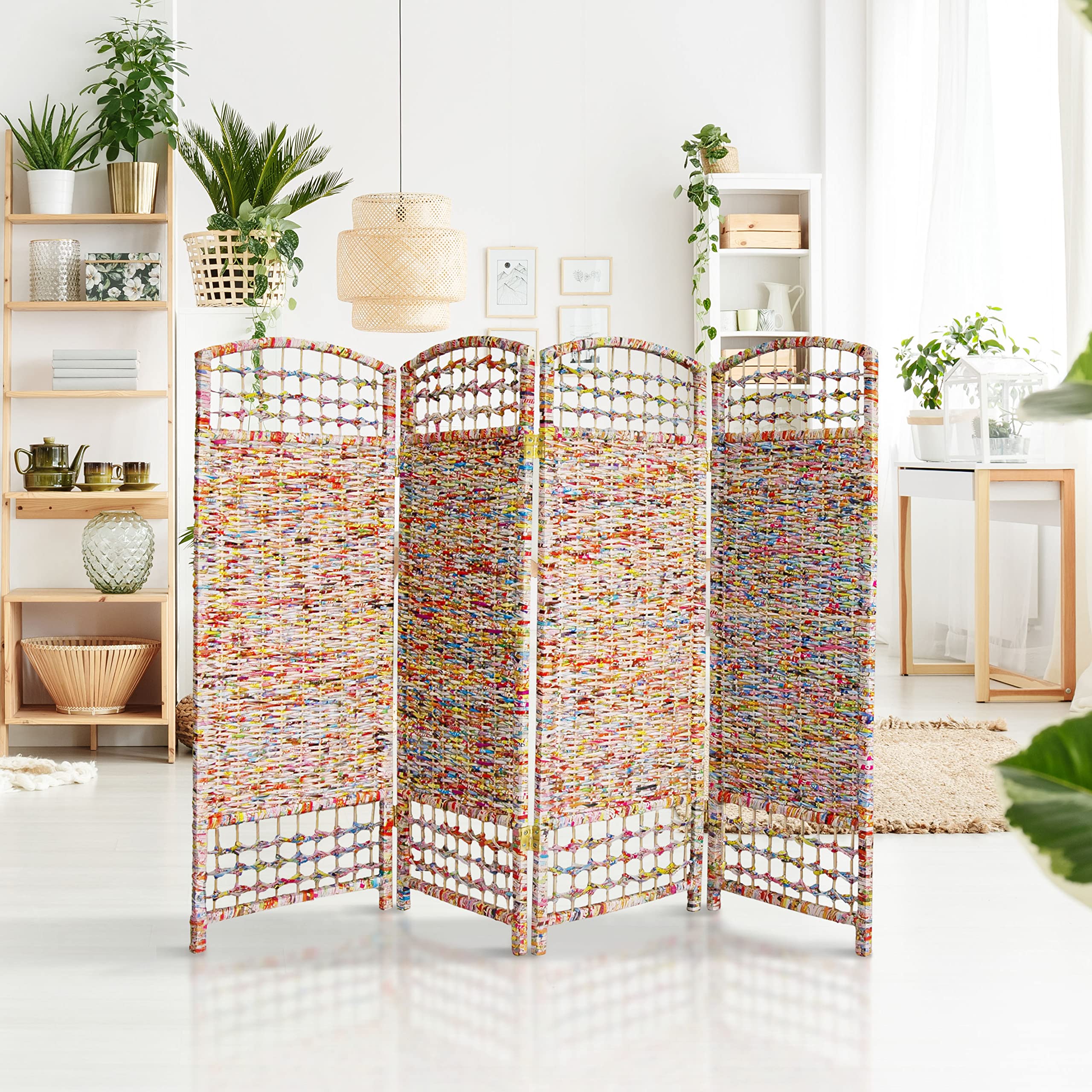 4 ft. Short Recycled Magazine Folding Room Divider - 4 Panel Privacy Screen for Home Office, Bedroom & Living Room Decor