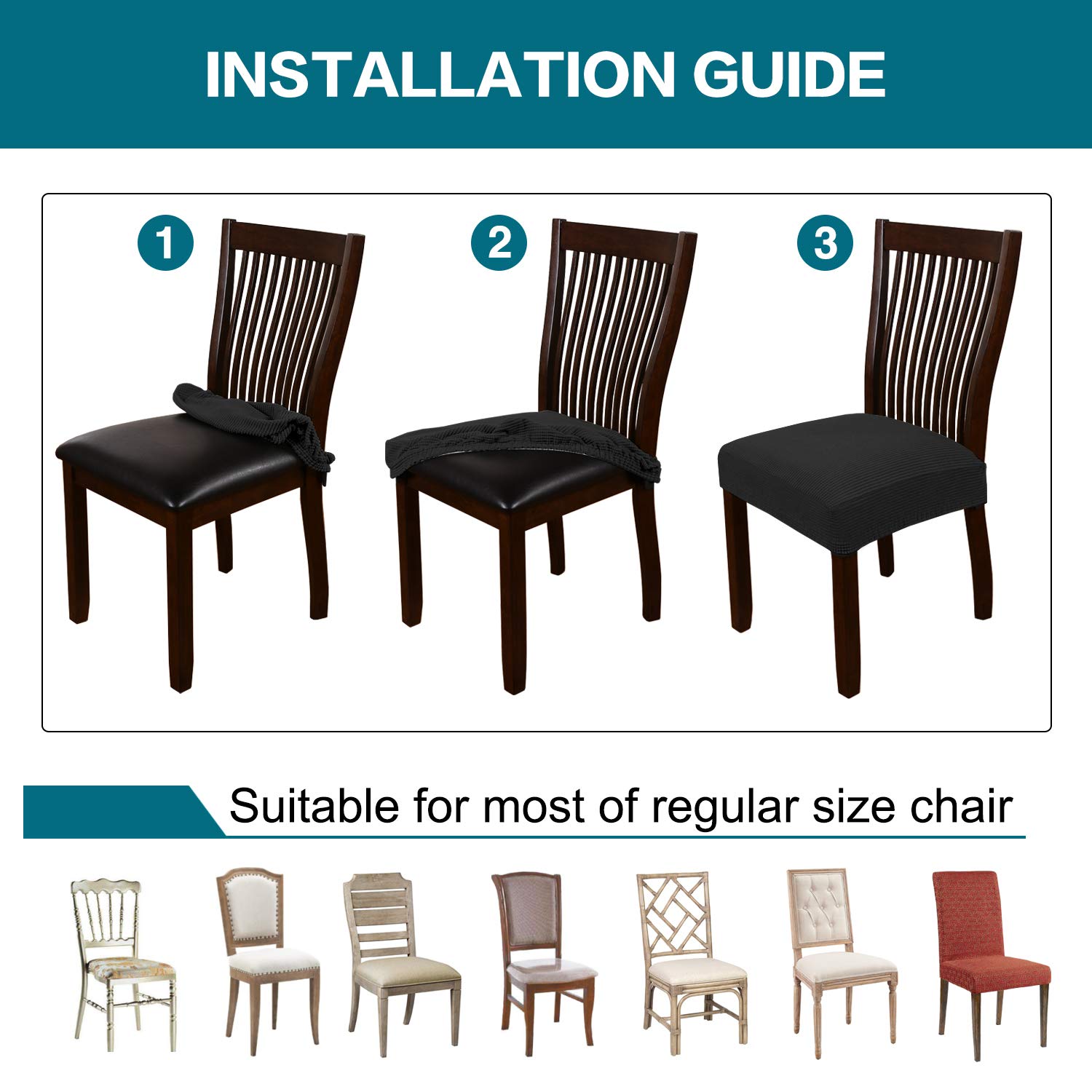 Turquoise Stretch Dining Chair Covers - Set of 4 Washable Slipcovers for Kitchen & Dining Room Chairs | Removable Seat Protector Cushions in Black | Perfect for Home Decor, Parties & Everyday Use