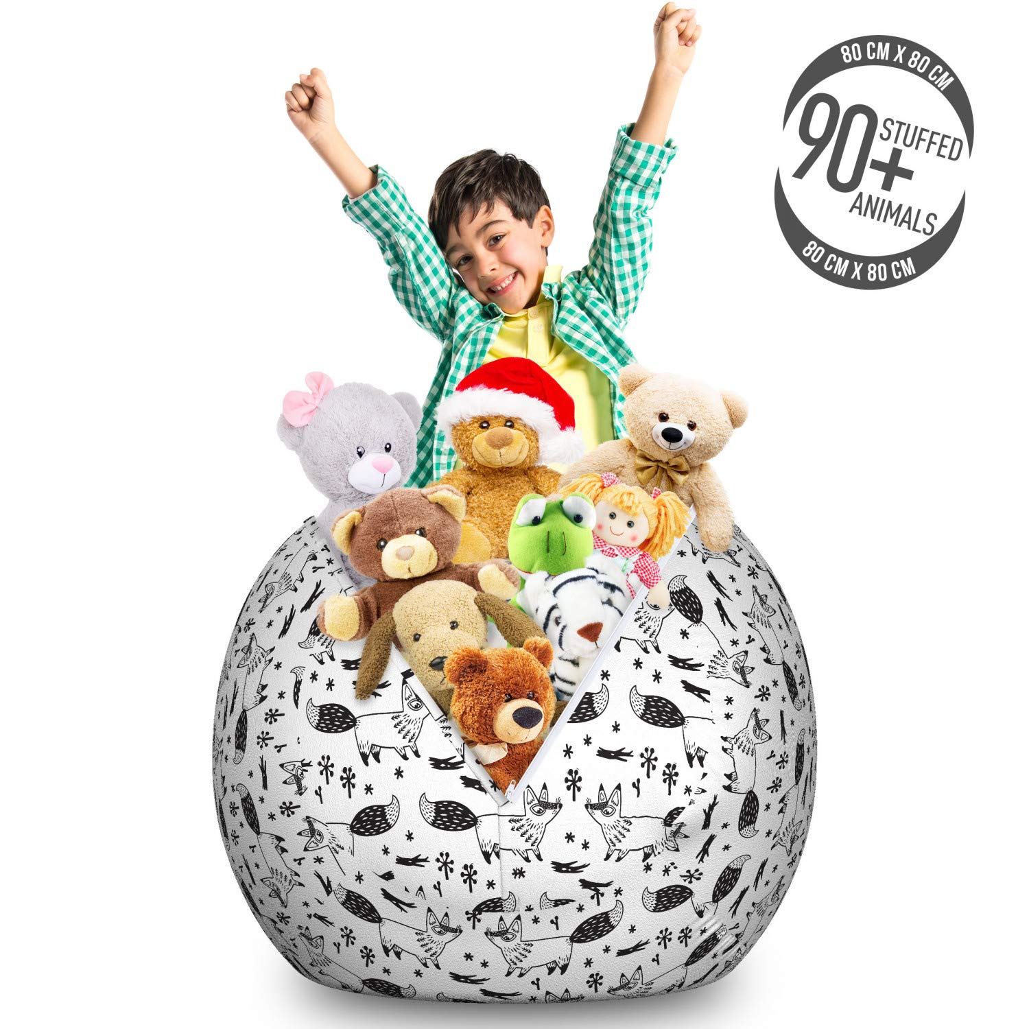 Ambesonne Fox Storage Toy Bag Chair - Large Washable Stuffed Animal Organizer with Wild Animal & Floral Design, Charcoal Grey & White - Perfect for Kids' Room, Playroom & Nursery Organization