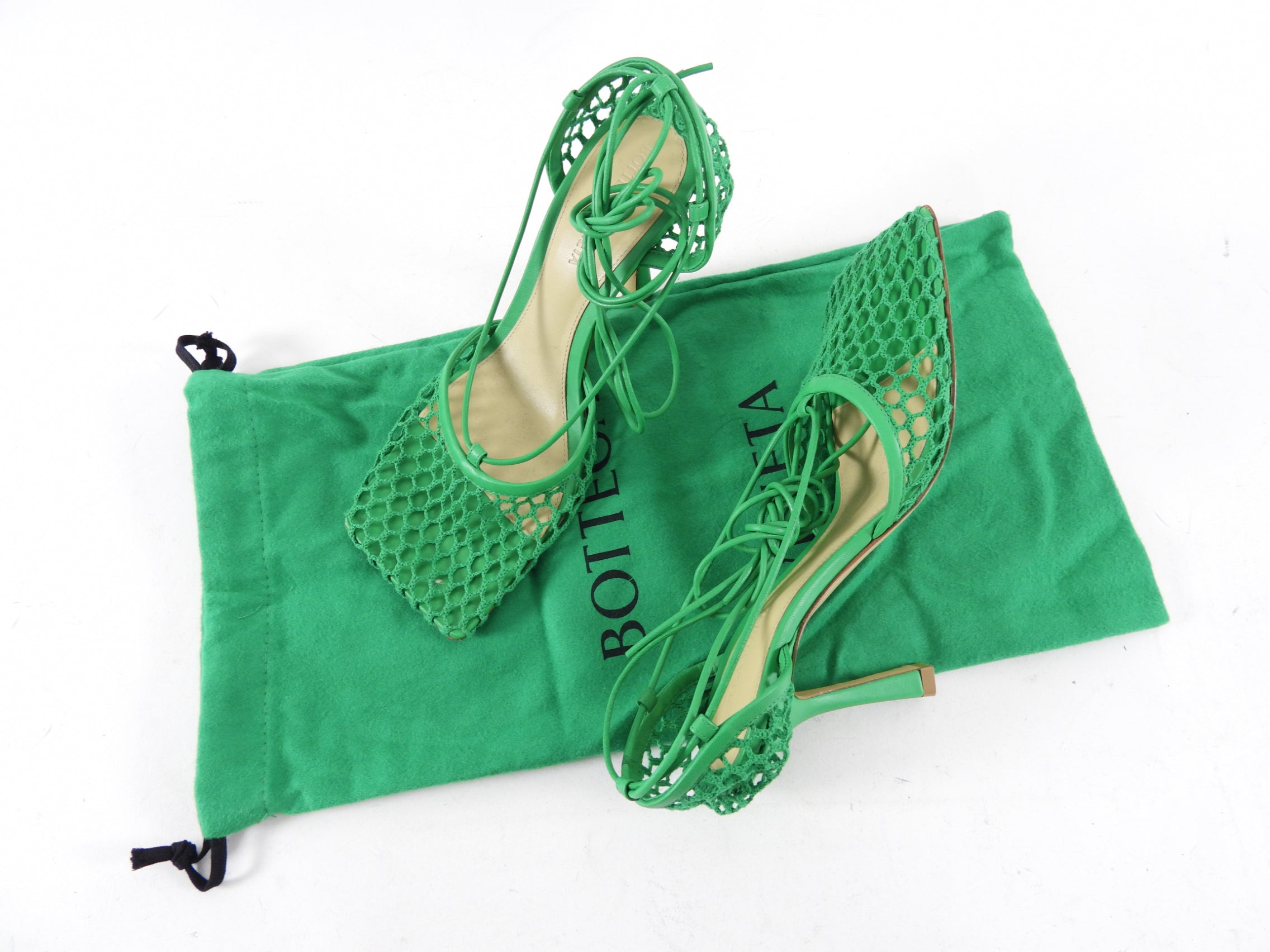 Bottega Veneta Women's Grass Green Mesh Wrap Tie Heels - Size 37.5 | Elegant Stiletto Pumps for Weddings, Parties & Evening Events