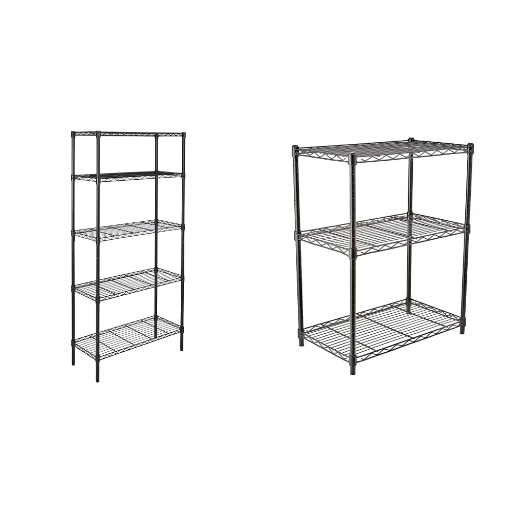 Amazon Basics 5-Shelf & 3-Shelf Adjustable Steel Storage Shelving Unit - Heavy Duty Wire Rack Organizer for Garage, Kitchen, Office - Black (Space-Saving Home & Commercial Storage Solution)
