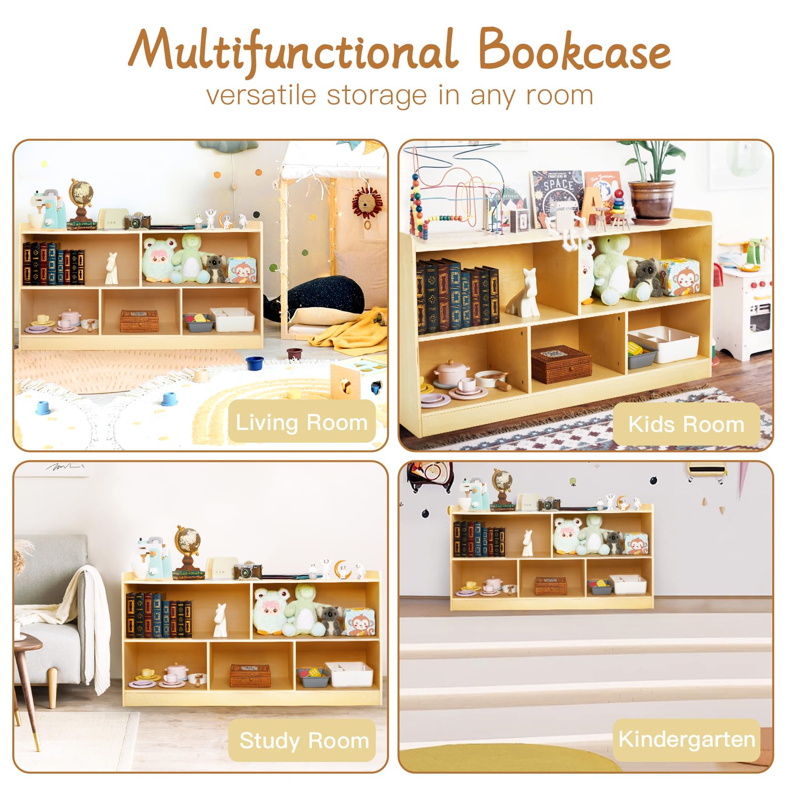 Montessori Wooden Toy Storage Organizer - 2-Shelf Bookcase & 5-Section Cabinet for Kids Books & Toys | Natural Wood Nursery Shelf for Playroom, Kindergarten & Toddler Bedroom Organization