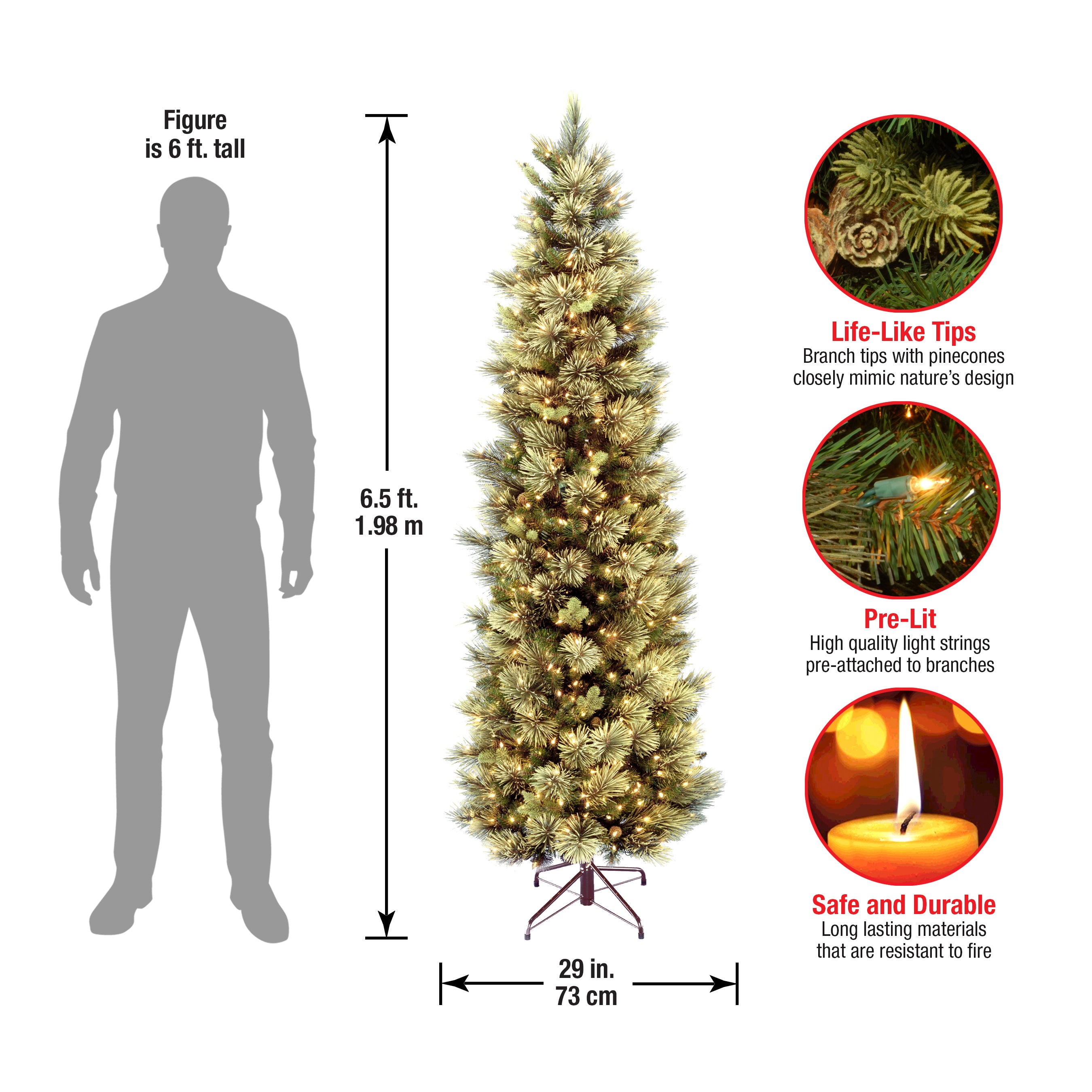 6.5 ft Pre-Lit Carolina Pine Slim Artificial Christmas Tree with 300 Clear LED Lights - Perfect for Small Spaces, Apartments, and Holiday Decorations