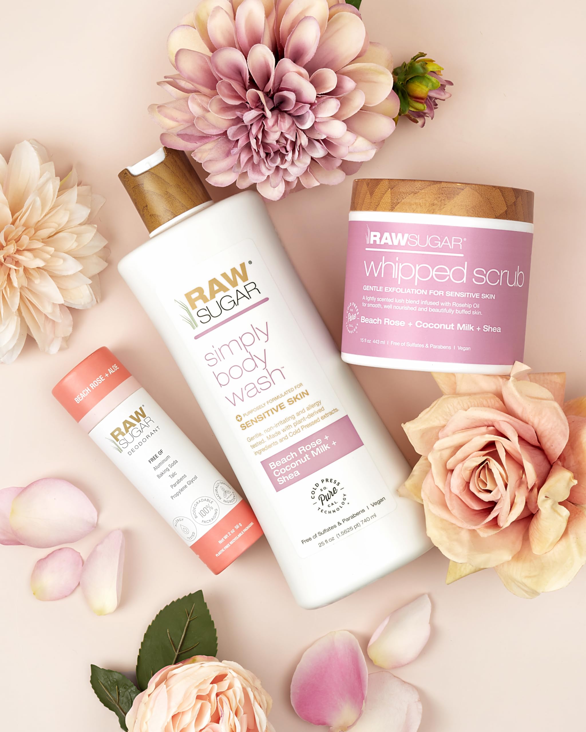 **Raw Sugar Beach Rose & Coconut Milk Shea Body Love Bundle - Sensitive Skin Body Wash, Body Scrub & Deodorant | Sulfate-Free, Paraben-Free, Clean Ingredients | Perfect for Spa Day & Beach Getaways**