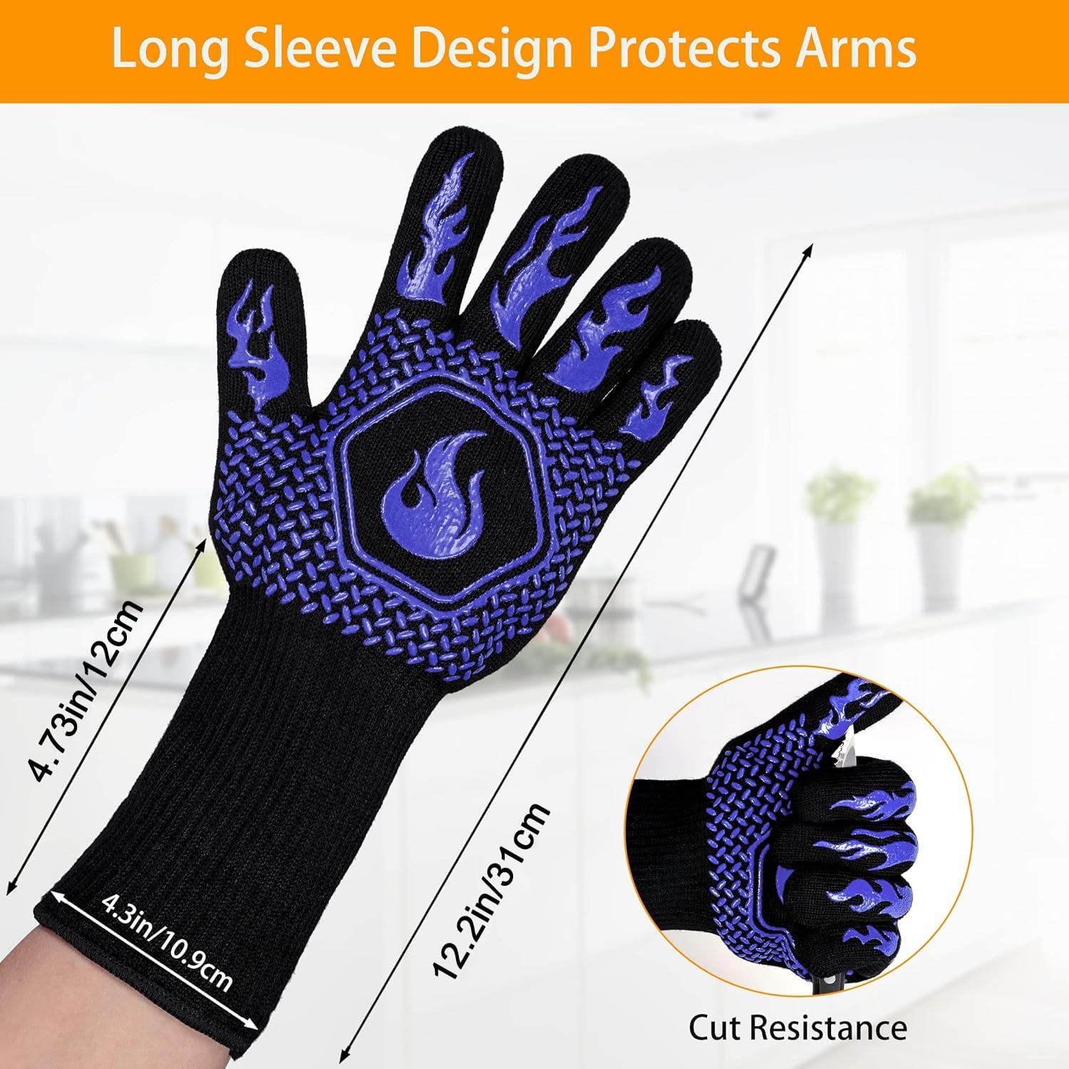 Heat Resistant BBQ Grill Gloves - Fireproof Oven Mittens for Grilling, Smoking & Barbecue - Washable & Durable Up to 1472℉ - Perfect for Kitchen Baking, Camping & Outdoor Cooking (Blue)