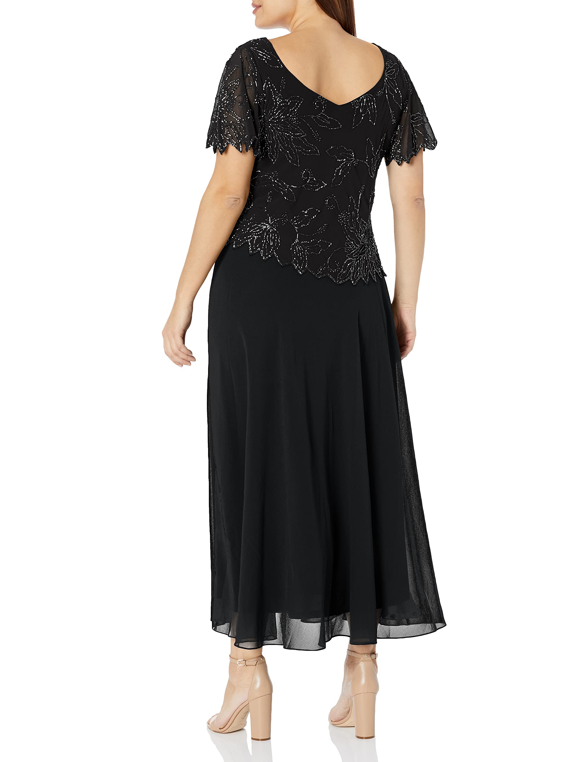 J Kara Women's Plus Size Flutter Sleeve Beaded Long Dress for Evening Party, Wedding Guest & Special Occasions