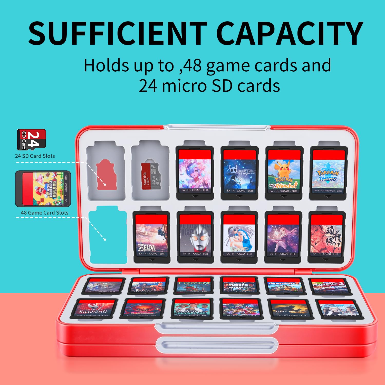 MOSAHOLL Switch Game Card Holder - 48 Cartridges & 24 SD Slots for Travel Storage