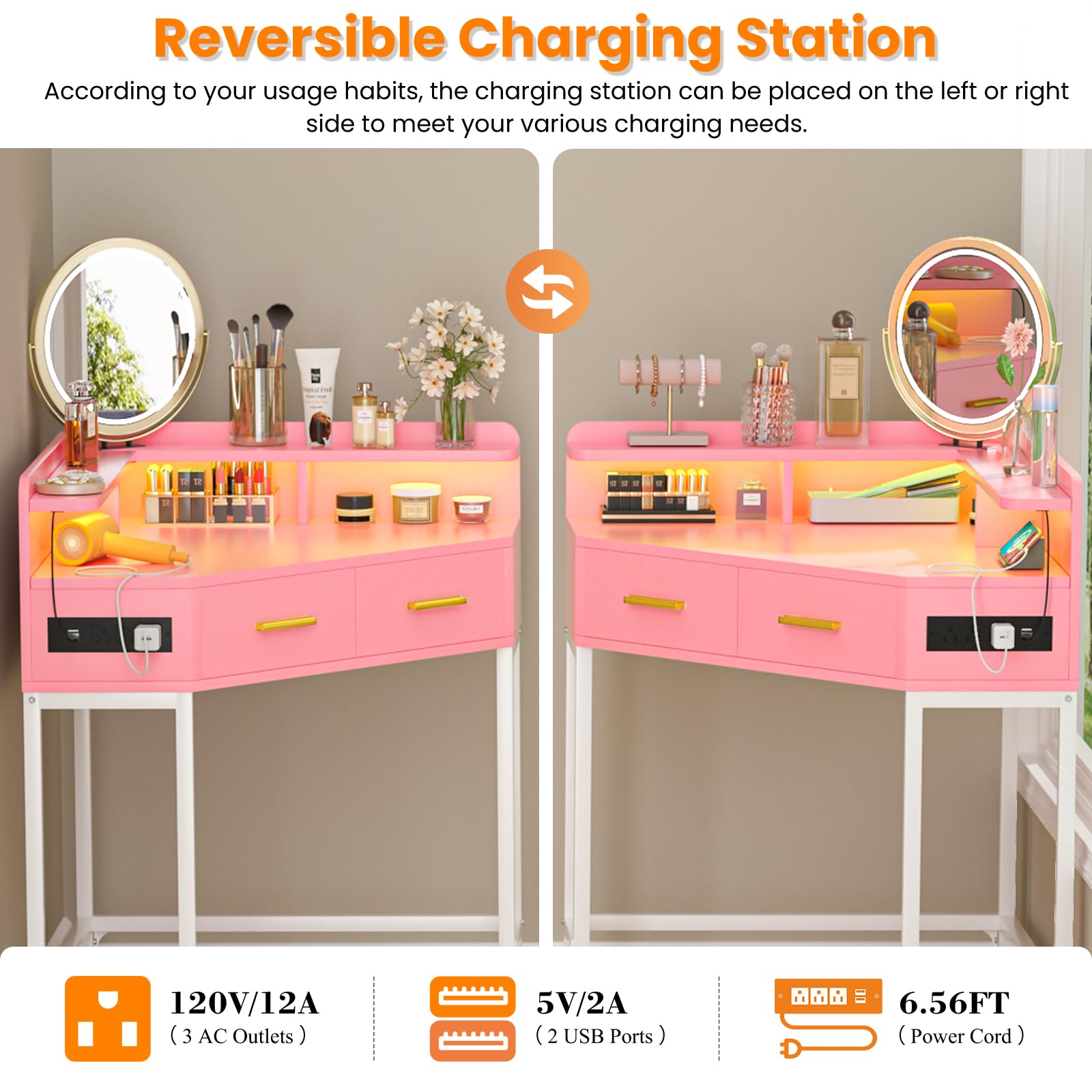 Cyclysio Pink Triangle Corner Desk with LED Lights & USB Charging Station - Small Space Computer Desk for Bedroom, Home Office, Makeup Vanity with Storage Drawers - Perfect for Gaming, Studying & Beauty Routines