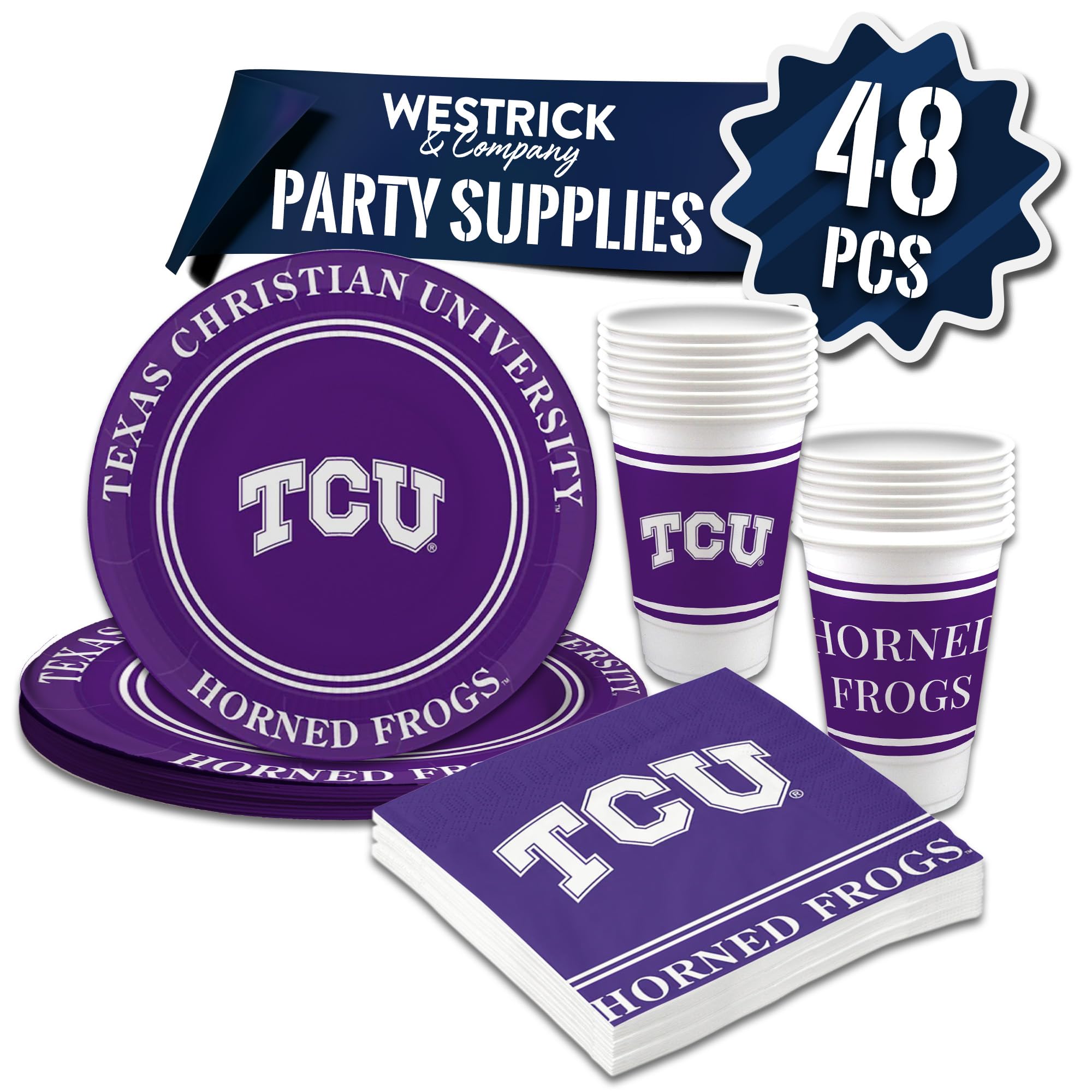TCU Horned Frogs 48-Piece Officially Licensed Party Set - 16 oz. Plastic Cups, 9