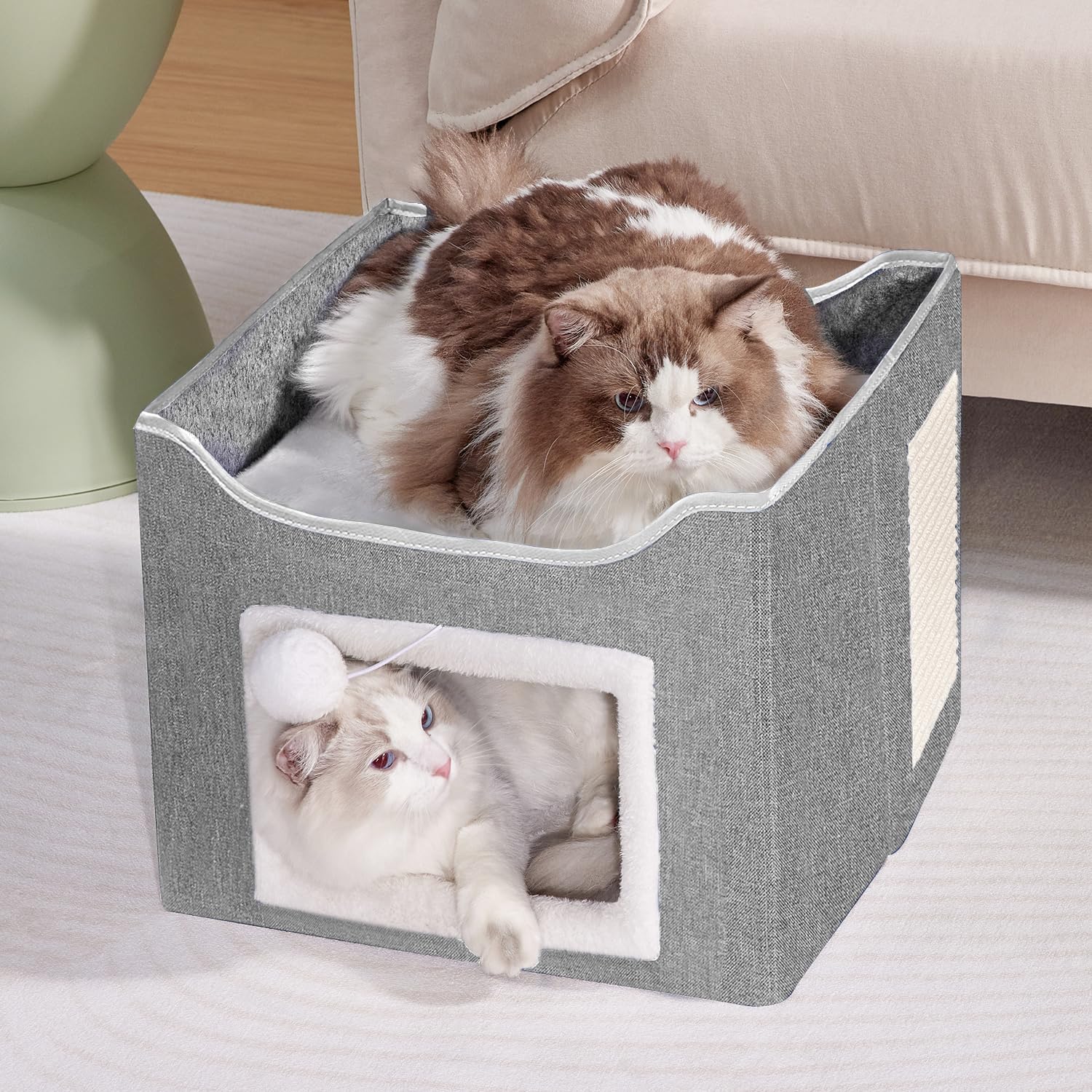 BEDELITE Foldable Cat Bed for Indoor Cats - Cozy Cat House with Scratch Pad & Toy Ball, Portable Cat Condo & Kitten Cave Hideaway, 15.4×15.4×12.6 inches (Grey) - Perfect for Living Room, Bedroom & Pet-Friendly Spaces