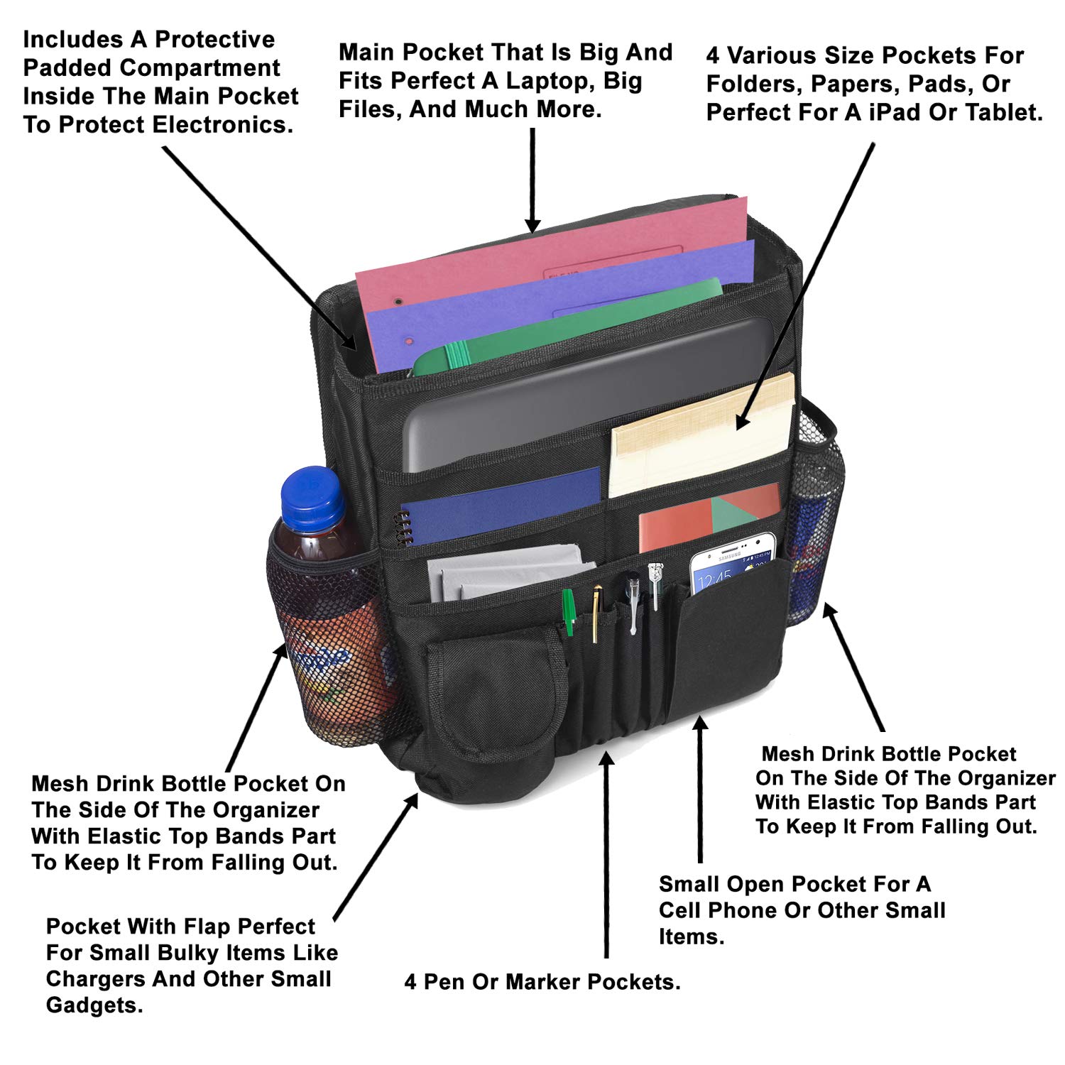 Lebogner Car Organizer - Front Seat Storage Organizer with Large Secured Pockets | Travel & Office Car Accessories for Adults & Kids | Perfect for Road Trips, Commuting & Family Travel