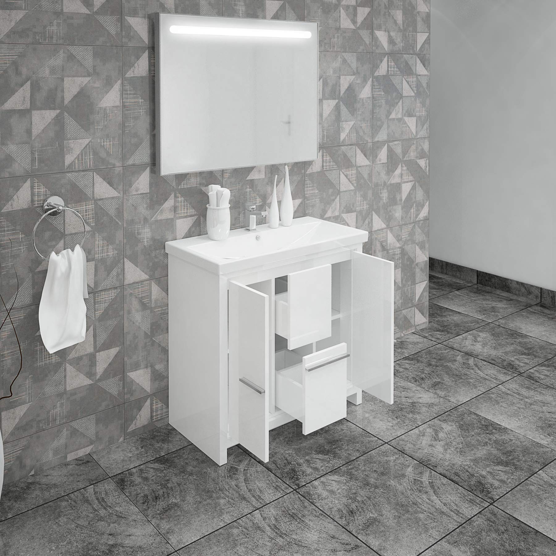 36 Inch Single Sink Bathroom Vanity Set - Modern European Wood Cabinet with Ceramic Sink - Soft Closing Doors & Drawers - Free Standing Glossy White Vanity for Contemporary Bathrooms - Perfect for Small Spaces, Guest Bathrooms & Master Suites