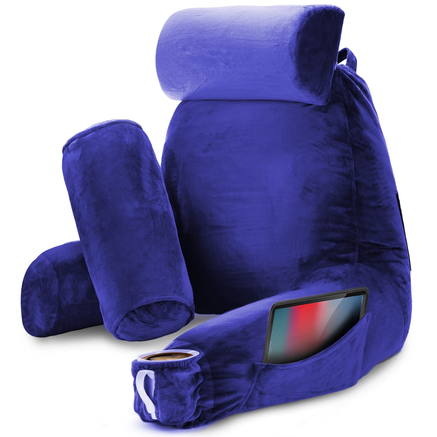 Nestl Large Reading Pillow for Bed - Shredded Memory Foam Back Support Pillow with Pockets | Perfect for Sitting in Bed, Reading, Watching TV & Relaxing | Royal Blue Bed Chair Arm Pillow