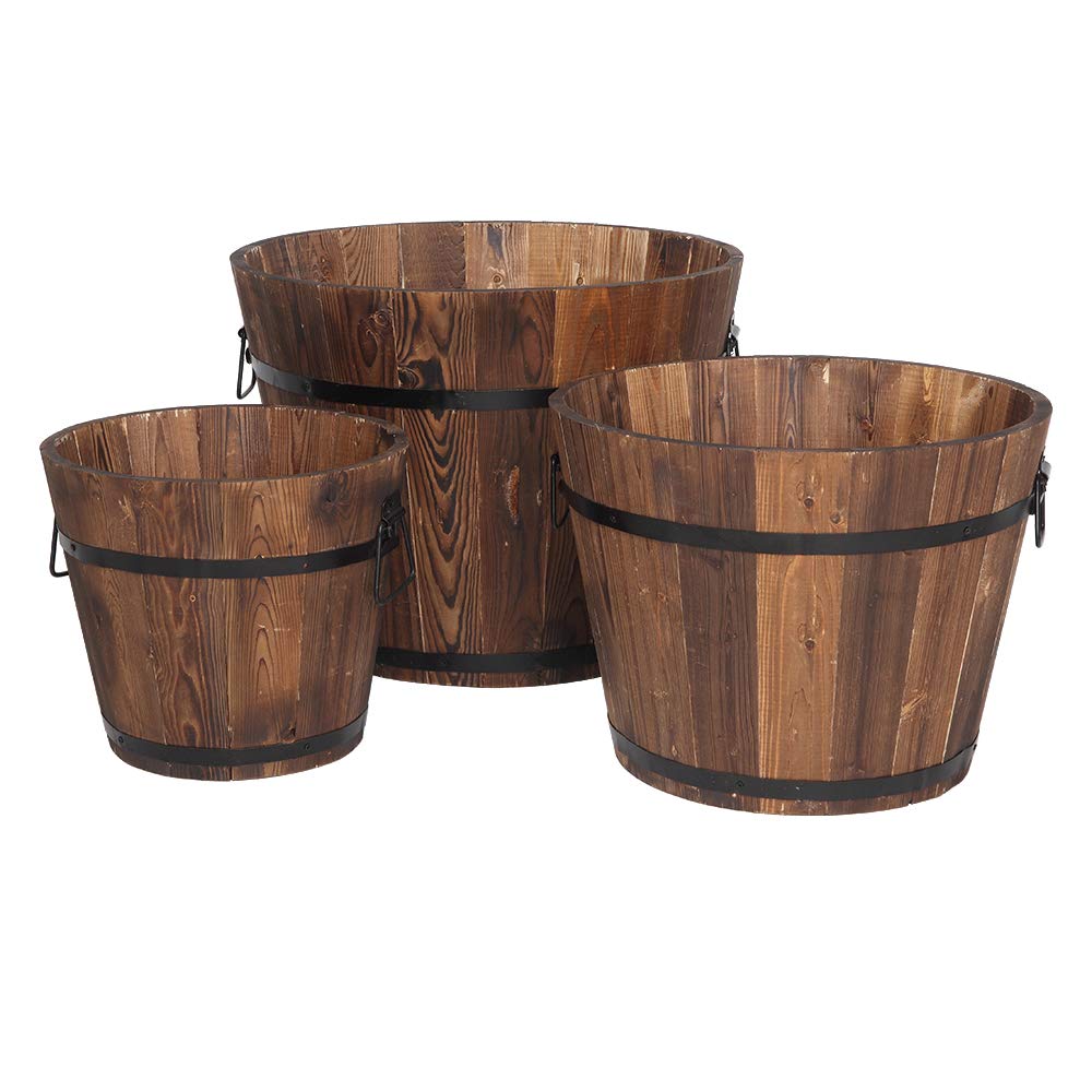3 Pcs Wooden Planter Barrel Set with Handle & Drainage Holes - Rustic Whiskey Barrel Flower Pots for Plants, Herbs, Vegetables - Indoor & Outdoor Garden Decor for Patio, Balcony, Backyard