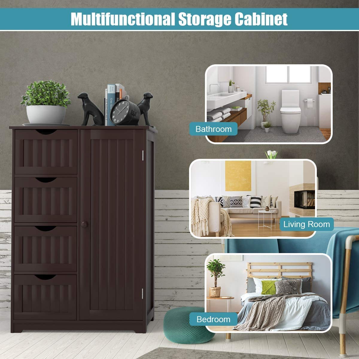 White Wooden Bathroom Storage Cabinet - Freestanding 4-Drawer Entryway Cupboard with Cabinet for Home, Office, Kitchen & Living Room (22