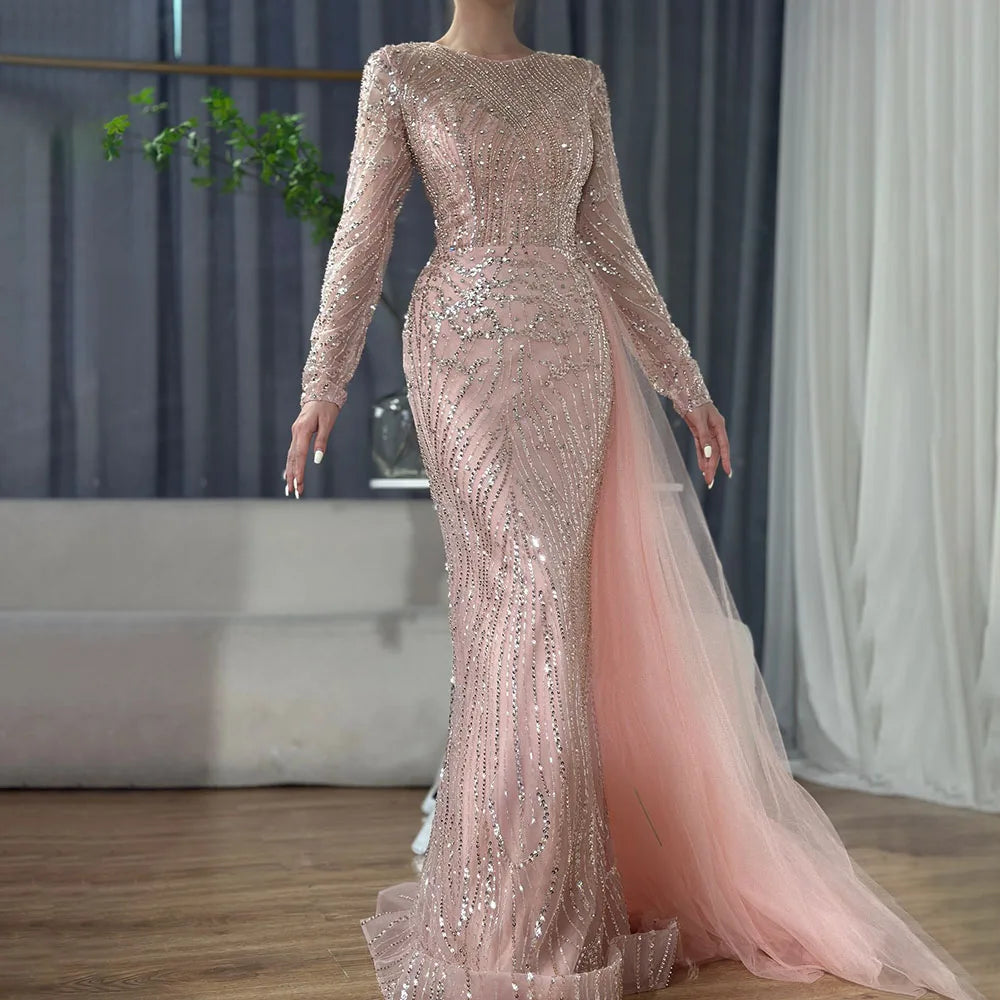 Luxury Dubai Caramel Beaded Mermaid Evening Gown with Overskirt - Arabic Formal Dress for Women - Elegant Long Prom Gown for Weddings, Galas & Special Occasions - LA71673A