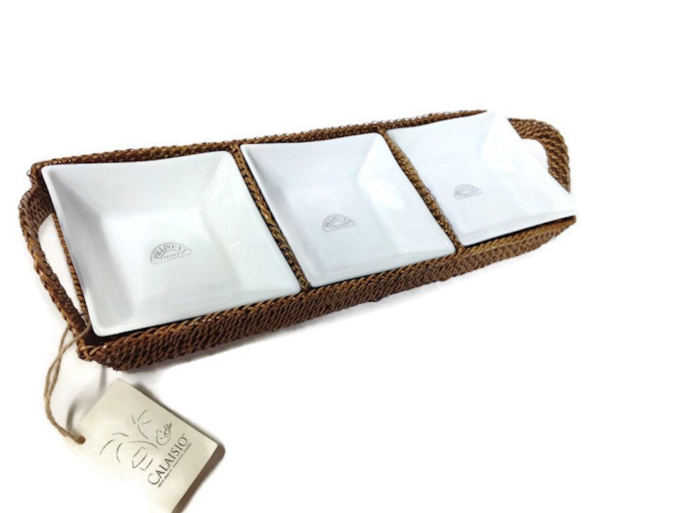 3-Section Rectangular Serving Tray with Glass Dishes - Elegant Appetizer Platter for Parties, Dining & Entertaining - Perfect for Cheese, Fruits & Hors d'oeuvres