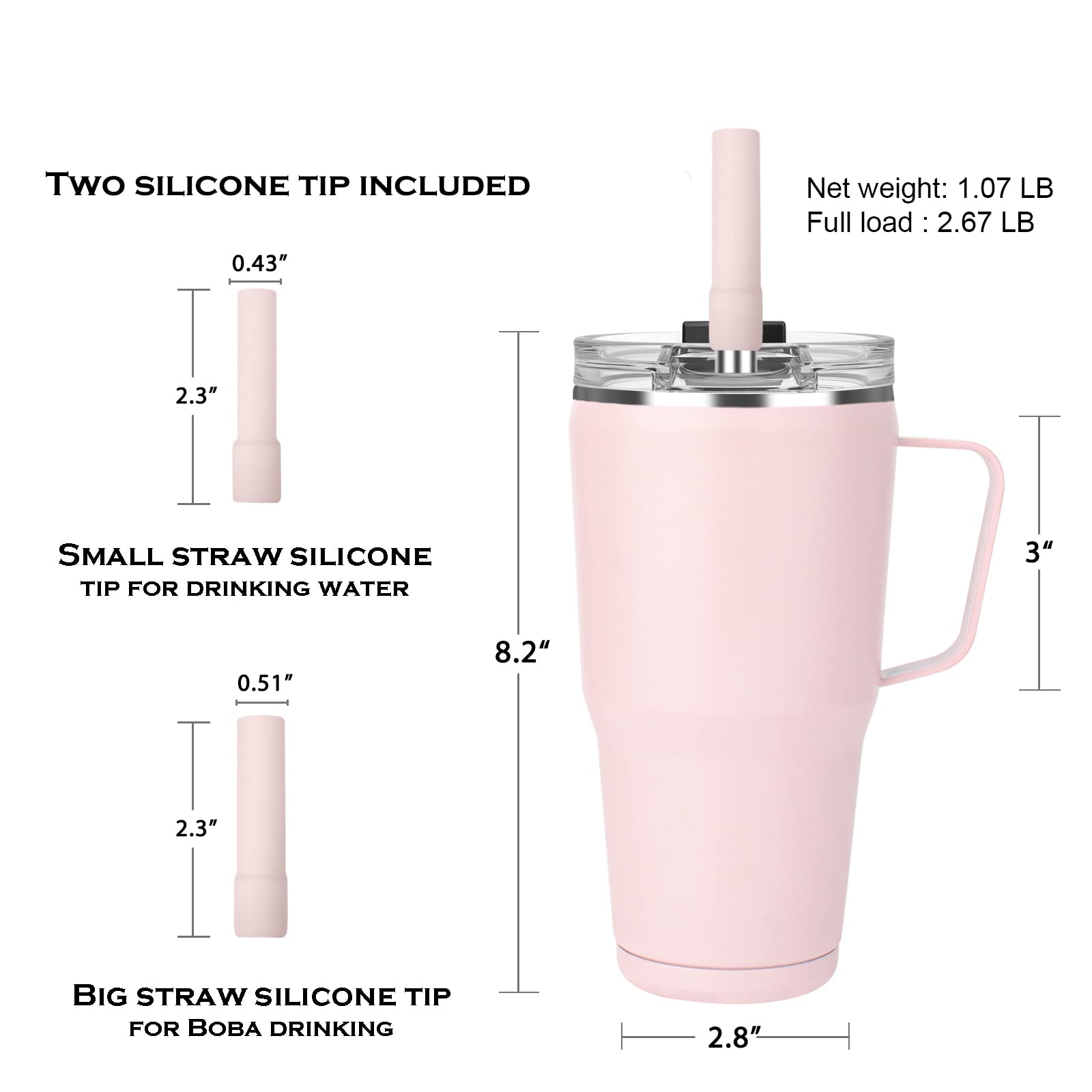 Zenbo 30 oz Vacuum Insulated Tumbler with Handle - Leak Proof Lid & Straw - Keeps Drinks Cold 24 Hours - Sweat Proof & Dishwasher Safe - Perfect for Travel, Gym & Outdoor Activities