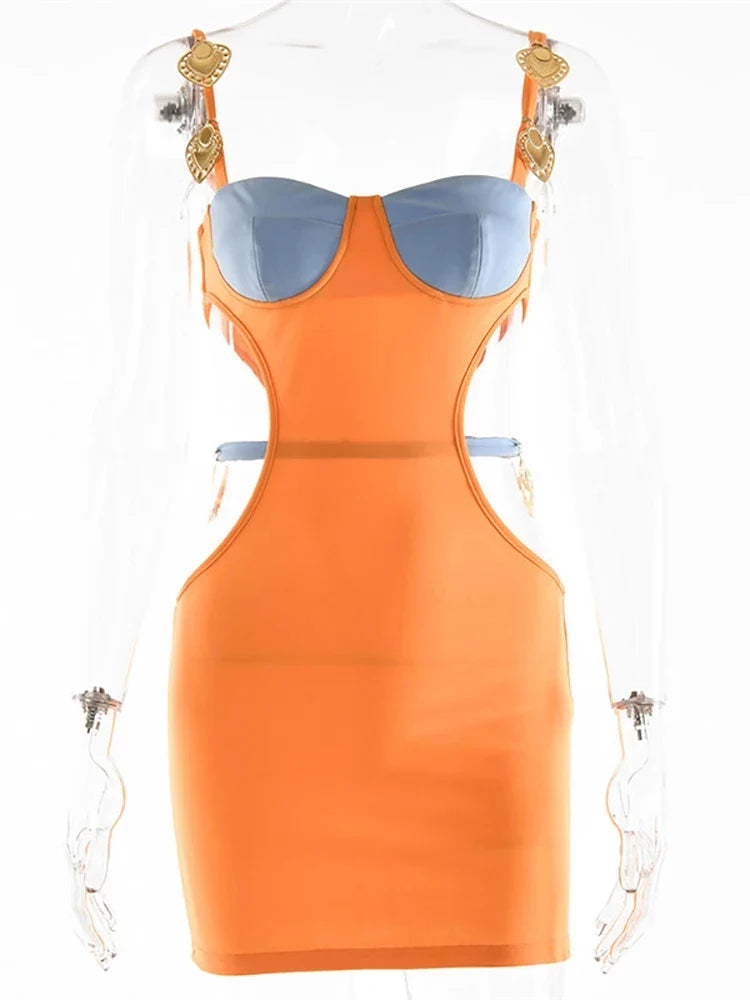 Articat Women's Orange Patchwork Hollow Out Maxi Dress - Elegant Metal Shell Spaghetti Strap Party Clubwear for Women | Perfect for Summer Beach Vacations, Evening Parties & Special Occasions