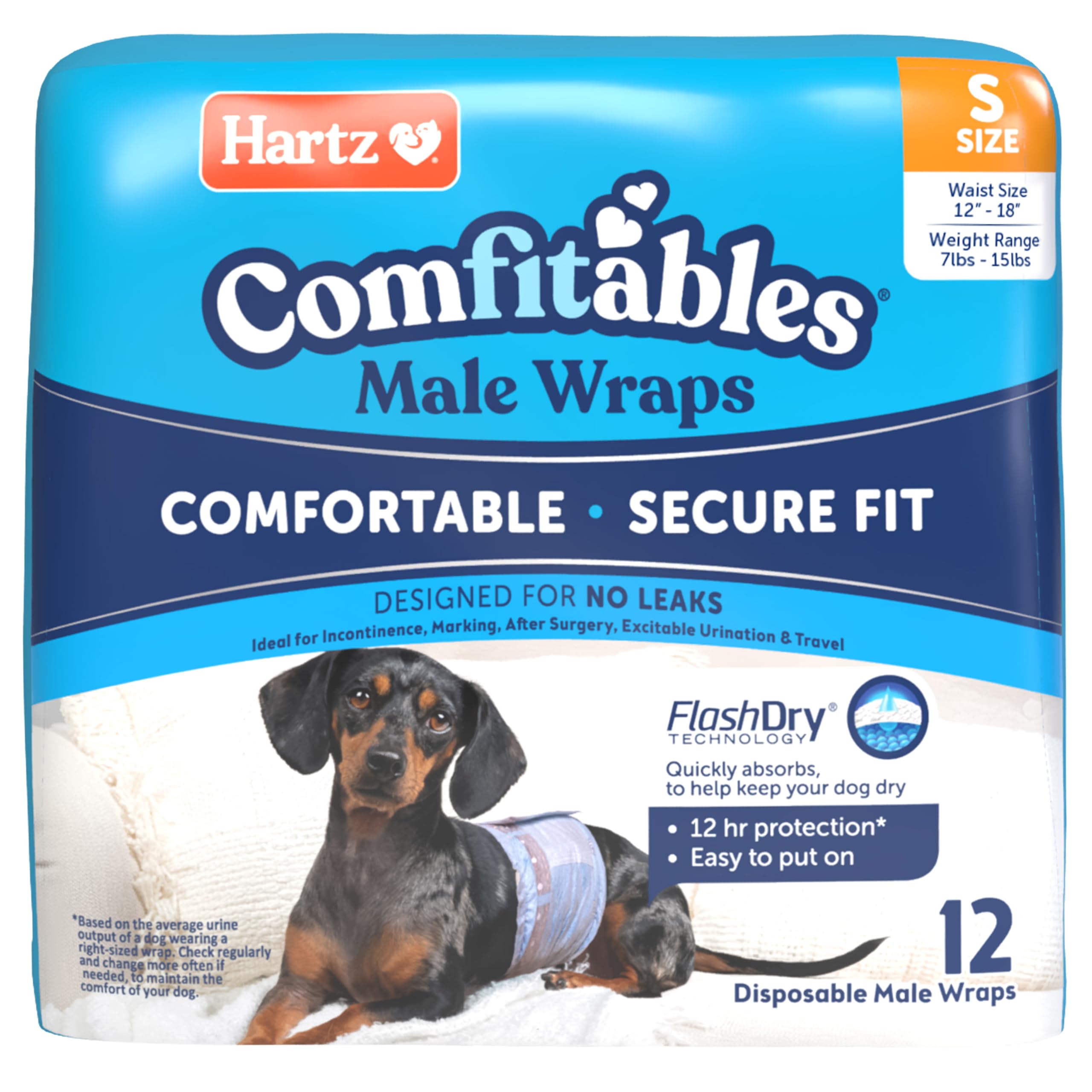 Hartz Comfitables Disposable Male Dog Wraps for Small Dogs - Stretchy Waistband, 12 Count - Perfect for House Training, Travel & Senior Dogs with Incontinence Issues