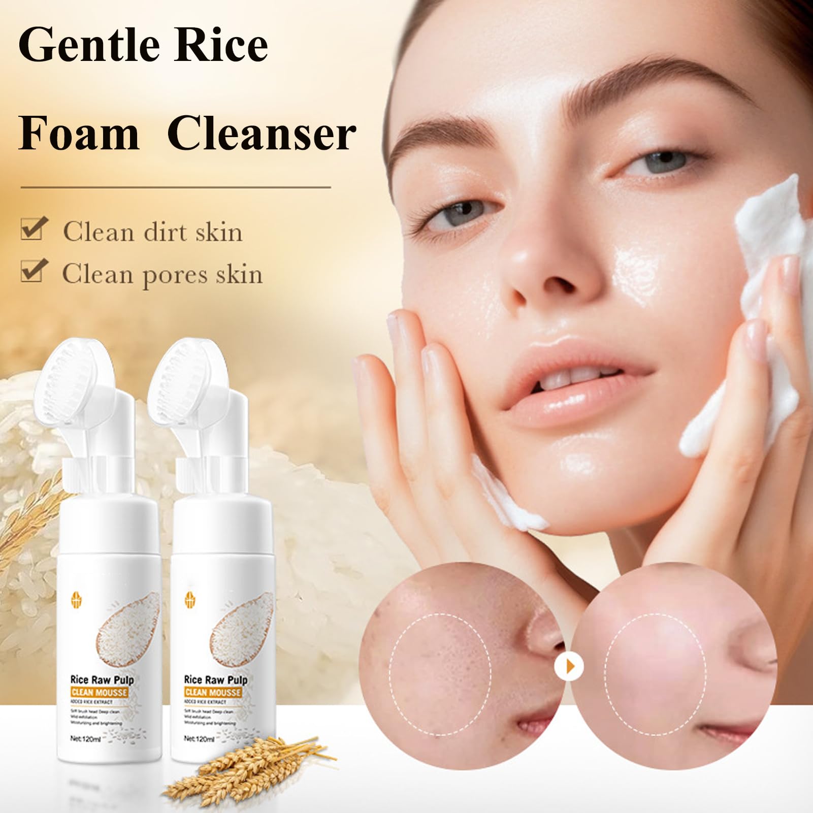 Gentle Rice Facial Cleanser with Silicone Brush - Amino Acid Foaming Face Wash for Sensitive & Acne-Prone Skin | Hydrating Daily Cleanser for Dry Skin | Perfect for Morning & Night Skincare Routine