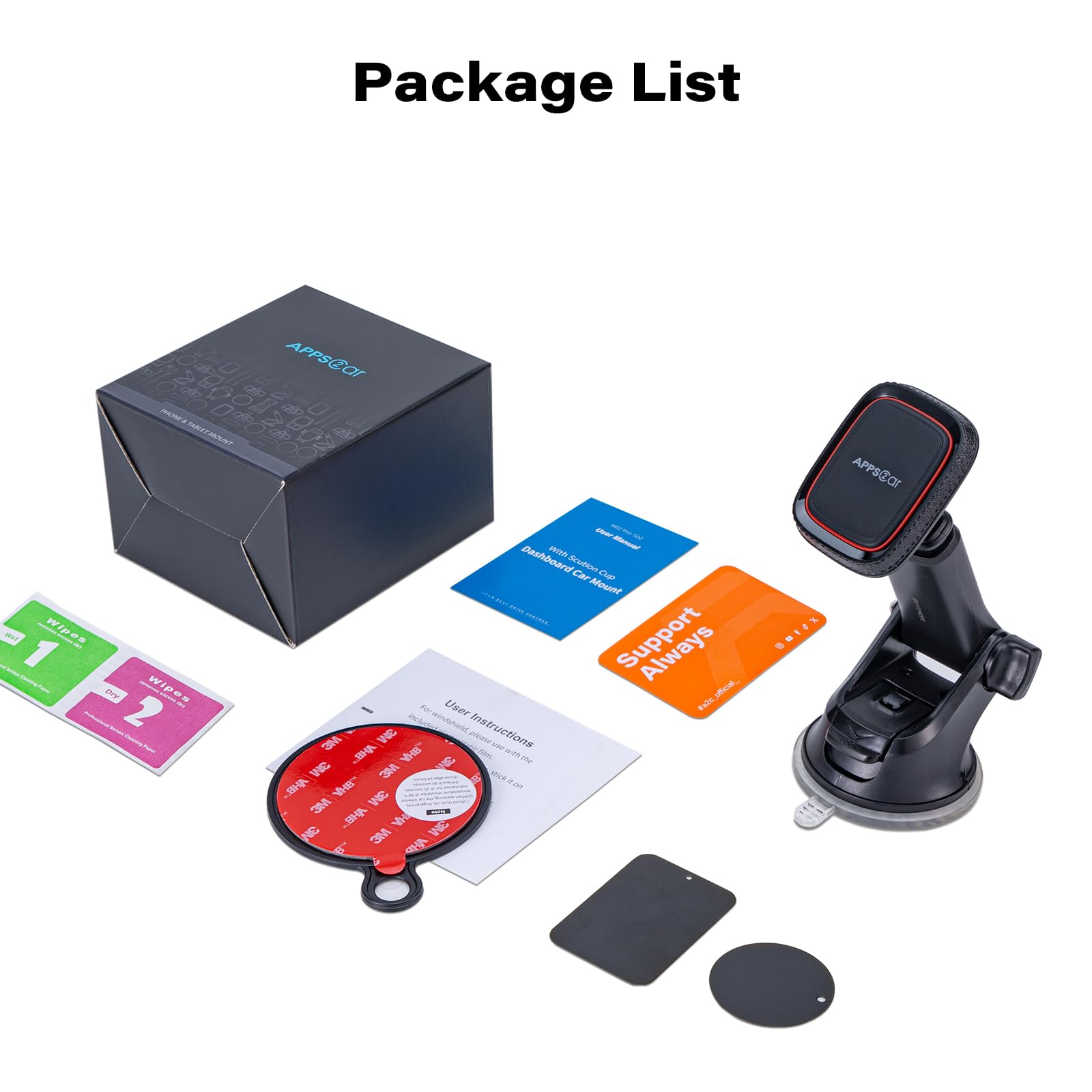 APPS2Car Magnetic Phone Car Mount - Dashboard & Windshield Car Phone Holder with Industrial-Strength Suction Cup, 6 Strong Magnets & Adjustable Telescopic Arm (Metal Sticker Included) - Perfect for Hands-Free Navigation, GPS Tracking & Safe Driving