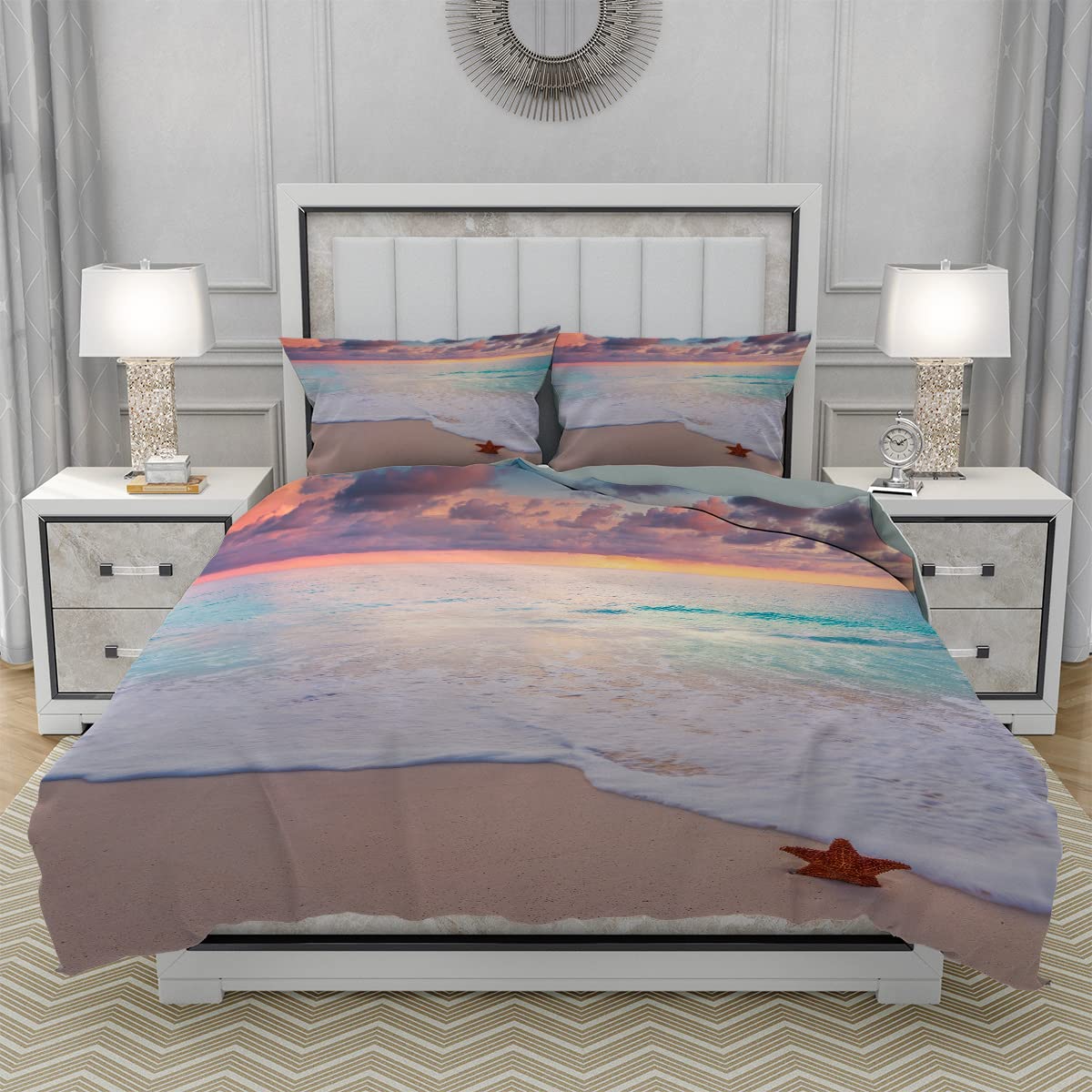 Sunrise Starfish Waves Beach Duvet Cover Set - Twin Size 3-Piece Soft Microfiber Bedding for Kids, Boys & Teens | Coastal Seaside Sand Theme with 2 Pillowcases | Perfect for Beach House, Vacation Rental & Nautical Bedroom Decor