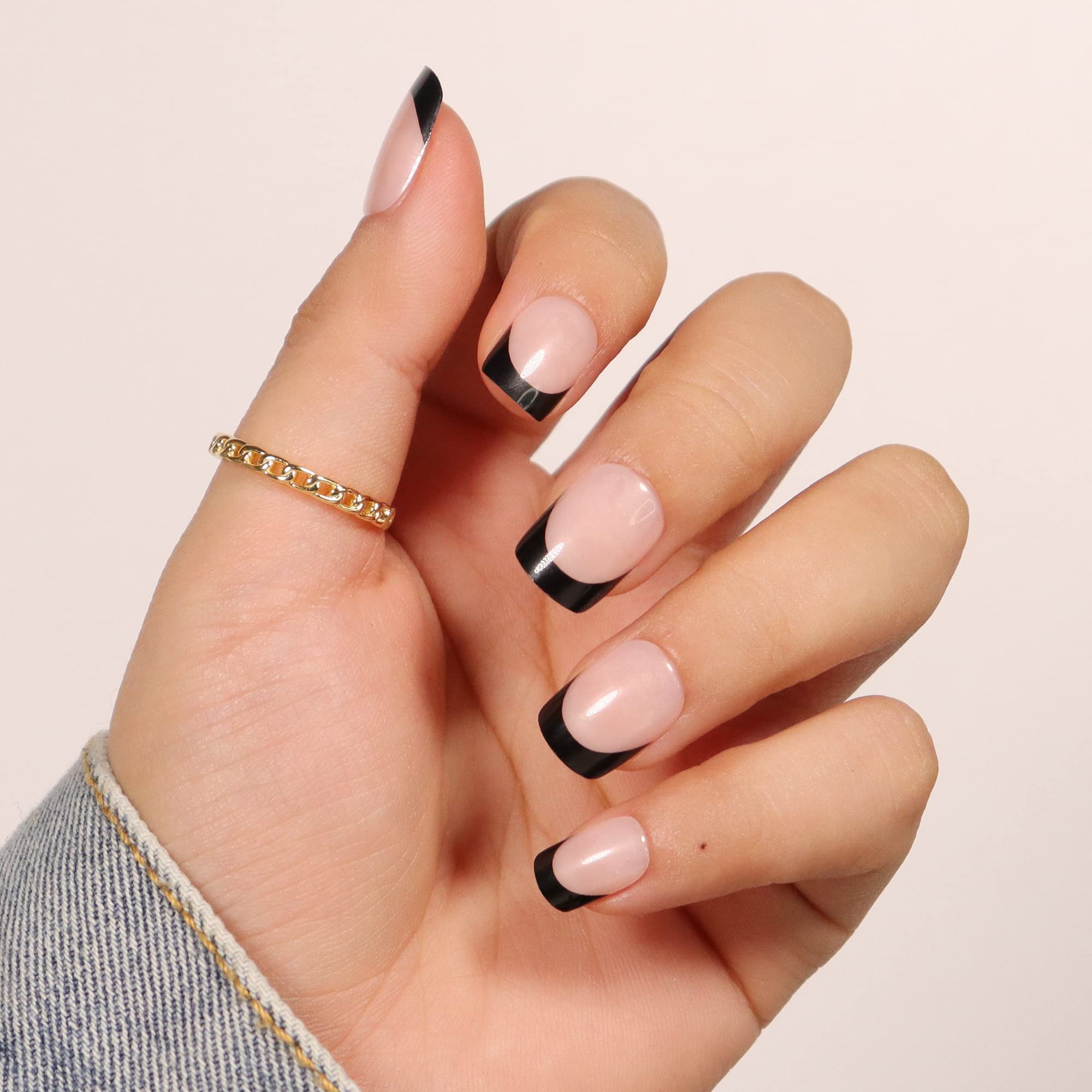 Celepaty Short Black Glossy Press on Nails Kit - 24Pcs French Tip Fake Nails with Glue - Square & Oval Full Cover Gel False Nails for Women & Girls - Perfect for Parties, Weddings & Daily Wear
