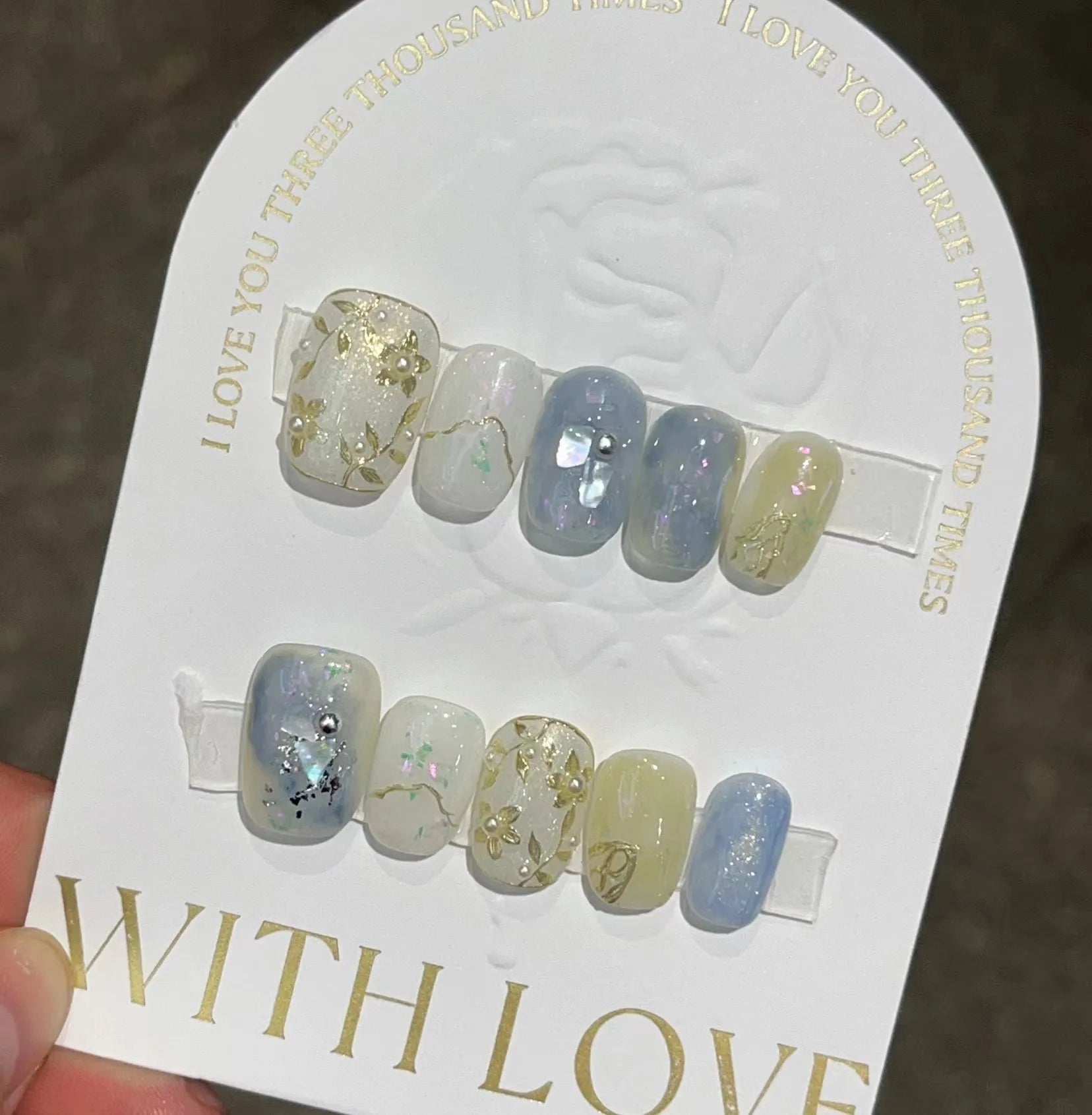 10Pcs Floral Leaves Ballerina Press-On Nails – Short Shimmery Fake Acrylic Nails with Handmade Design for Autumn & Winter Gel Manicure | Perfect for Parties, Weddings, Holidays & Everyday Glam