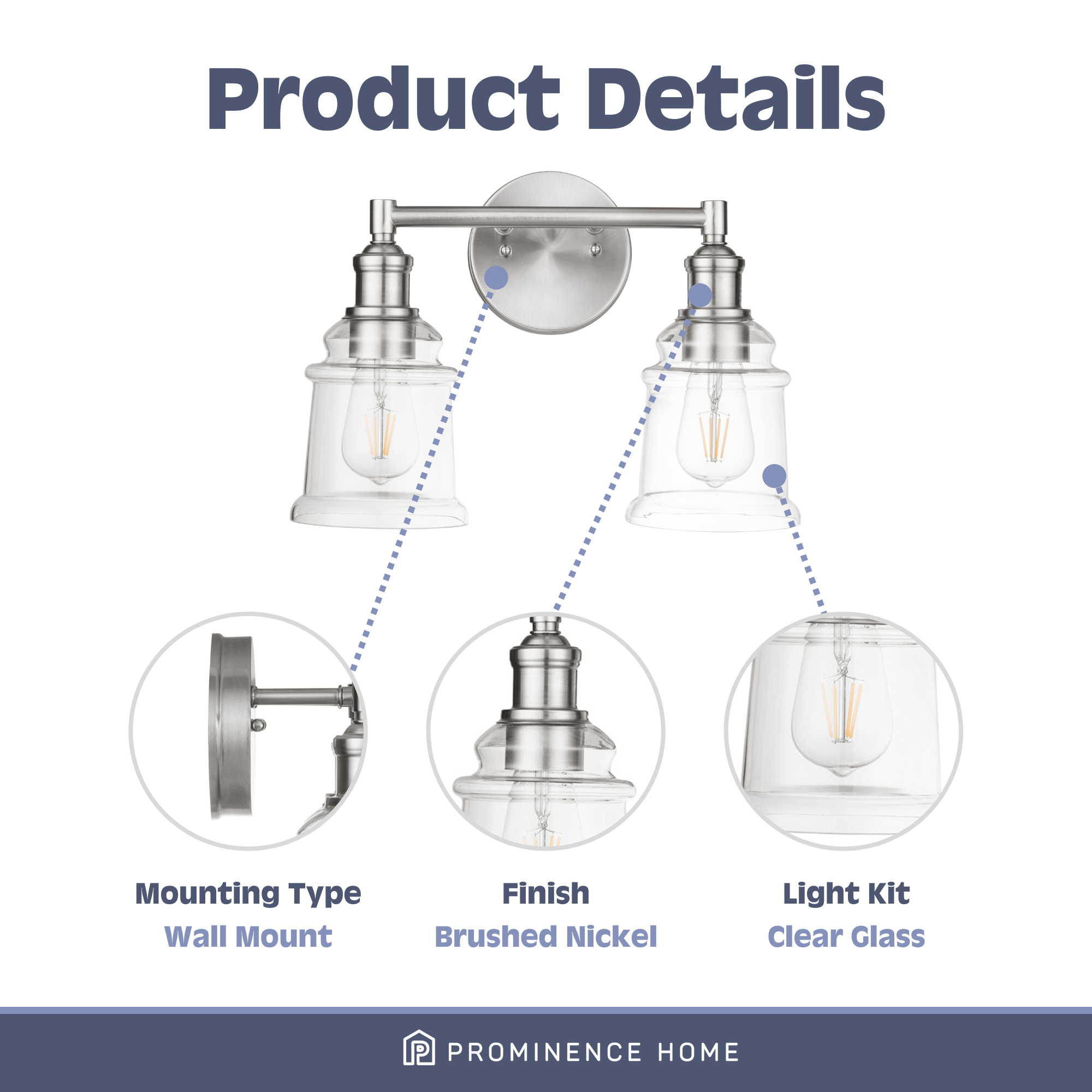 Eaton Ridge 2-Light Brushed Nickel Vanity Light - Modern Bathroom Lighting Fixture for Bedroom, Powder Room & Dressing Area