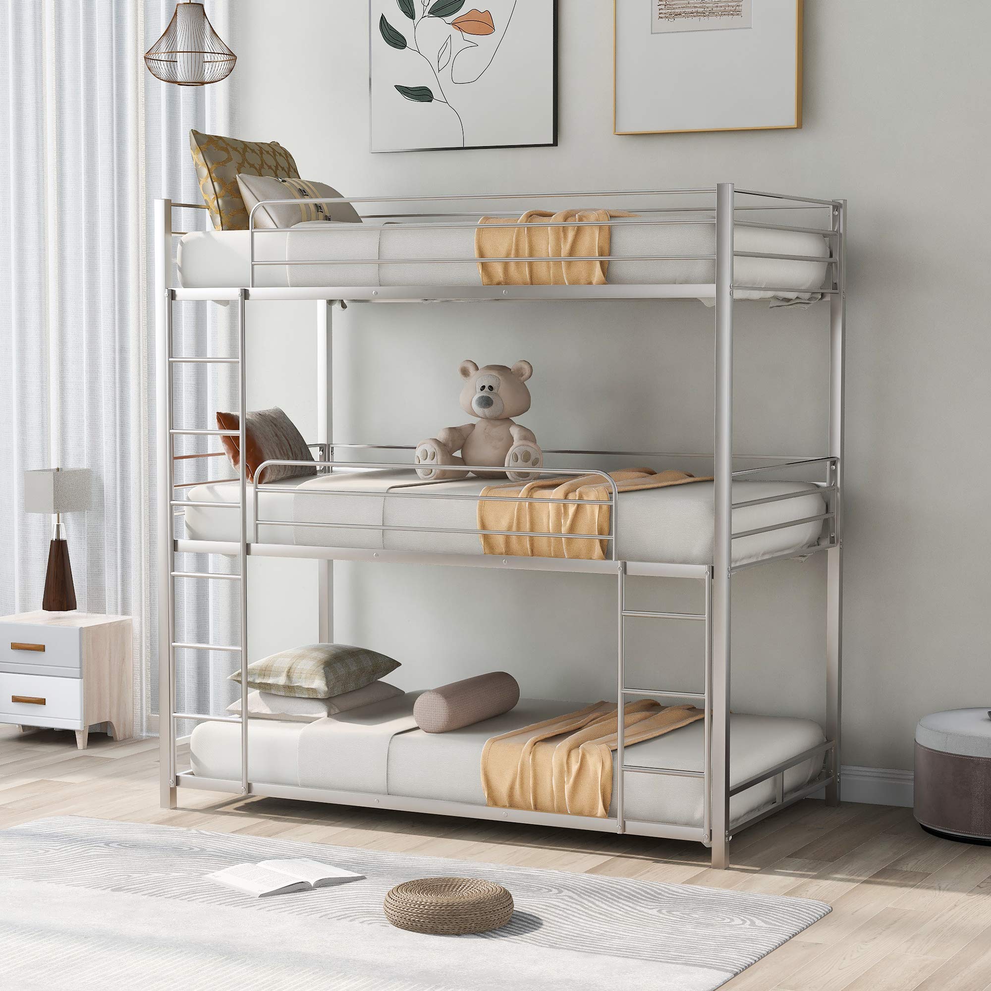 Sturdy Metal Triple Bunk Bed Frame - Twin Over Twin Over Twin with Safety Guardrails & Built-in Ladder for Kids & Teens (Silver) - Perfect for Small Bedrooms, Dormitories & Vacation Homes