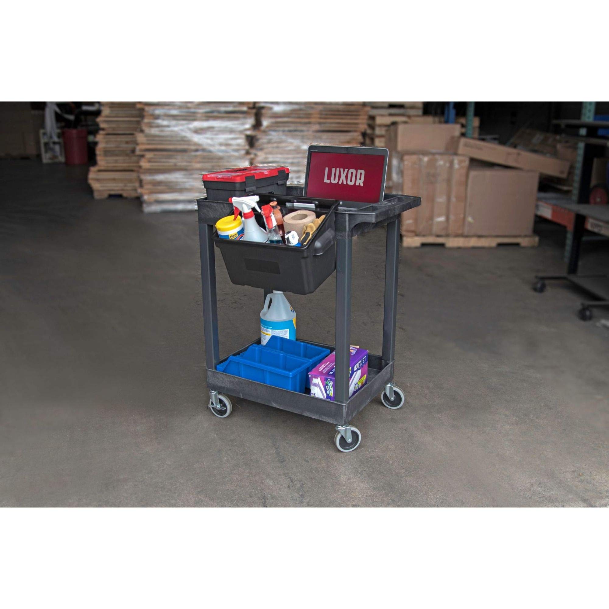 LUXOR SEC11-B-OUTRIG 24x18 Inch Heavy Duty Plastic Utility Cart with 2 Shelves & Outrigger Bins - Perfect for Commercial Kitchens, Restaurants, and Industrial Workspaces