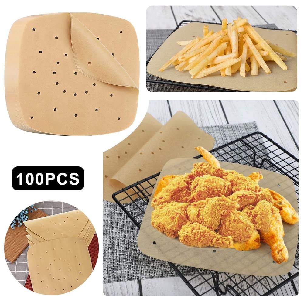 100pcs 8-inch Unbleached Bamboo Air Fryer Parchment Paper Liners - Premium Perforated Baking Sheets for Air Fryers, Ovens & Steamer Pans | Non-Stick, Eco-Friendly & Heat-Resistant for Healthy Cooking & Meal Prep