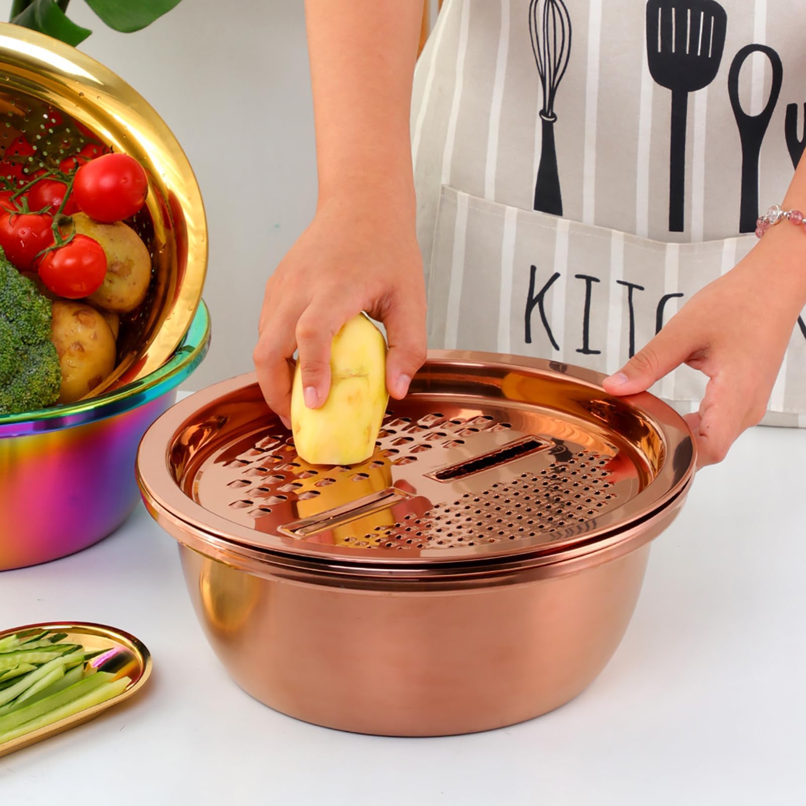 Premium 3-in-1 Stainless Steel Colander Set - Fine Mesh Kitchen Strainer for Fruits & Vegetables - Rose Gold Design - Ideal for Washing, Draining & Serving Salads, Pasta, Berries