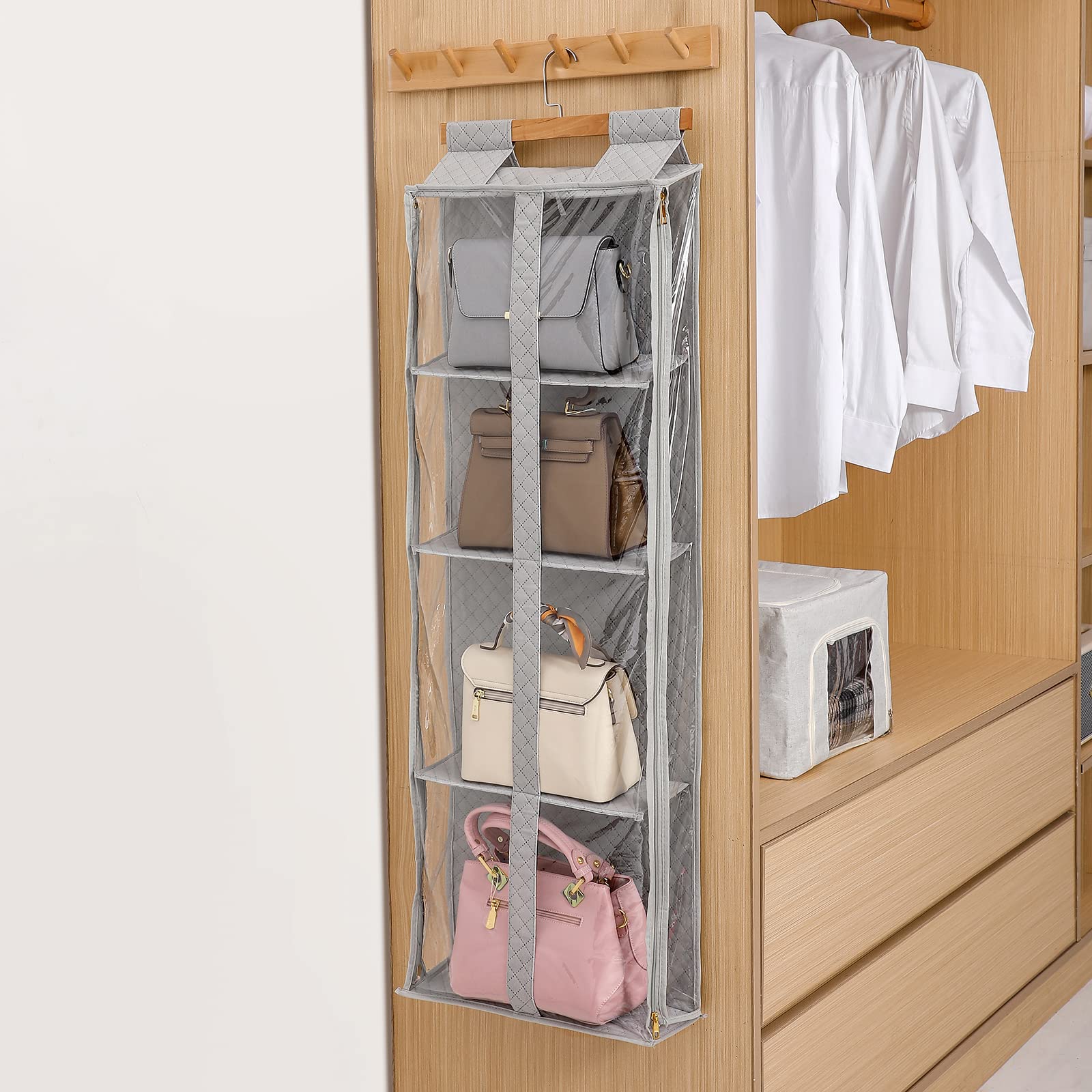 Hanging Purse Organizer with Zippers - 4 Grids Fully Enclosed Handbag Storage for Closet & Over the Door - Perfect for Purse, Bag & Accessory Organization in Bedroom, Walk-in Closet or Dorm Room