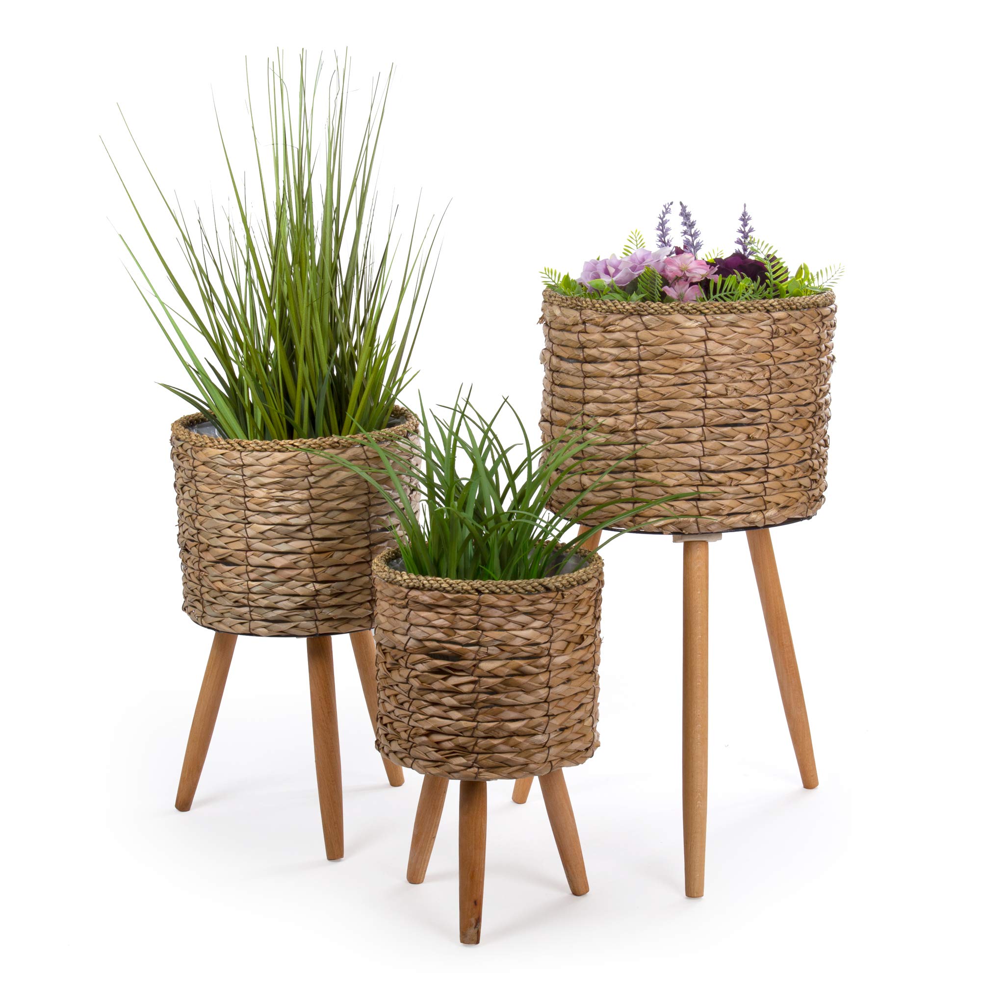 Truu Design Natural Cattail Planters Set of 3 - Decorative Flower Pots with Plastic Lining & Wooden Legs for Indoor Home, Office, or Patio Decor
