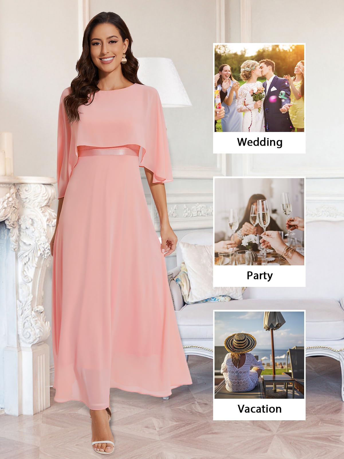 Elegant Women's Sleeveless Cape Dress with Chiffon Overlay & Lace Details - Wedding Guest, Cocktail Party Gown - Perfect for Formal Events, Evening Parties & Special Occasions