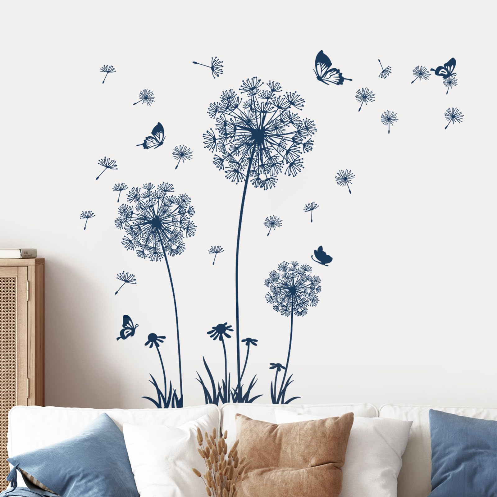 Supzone Blue Dandelion Wall Stickers with Butterflies - Floral Wall Decals for Bedroom, Living Room & TV Backdrop - Removable Wall Art Decor for Home, Office & Nursery (Perfect for DIY Home Decor & Party Backgrounds)
