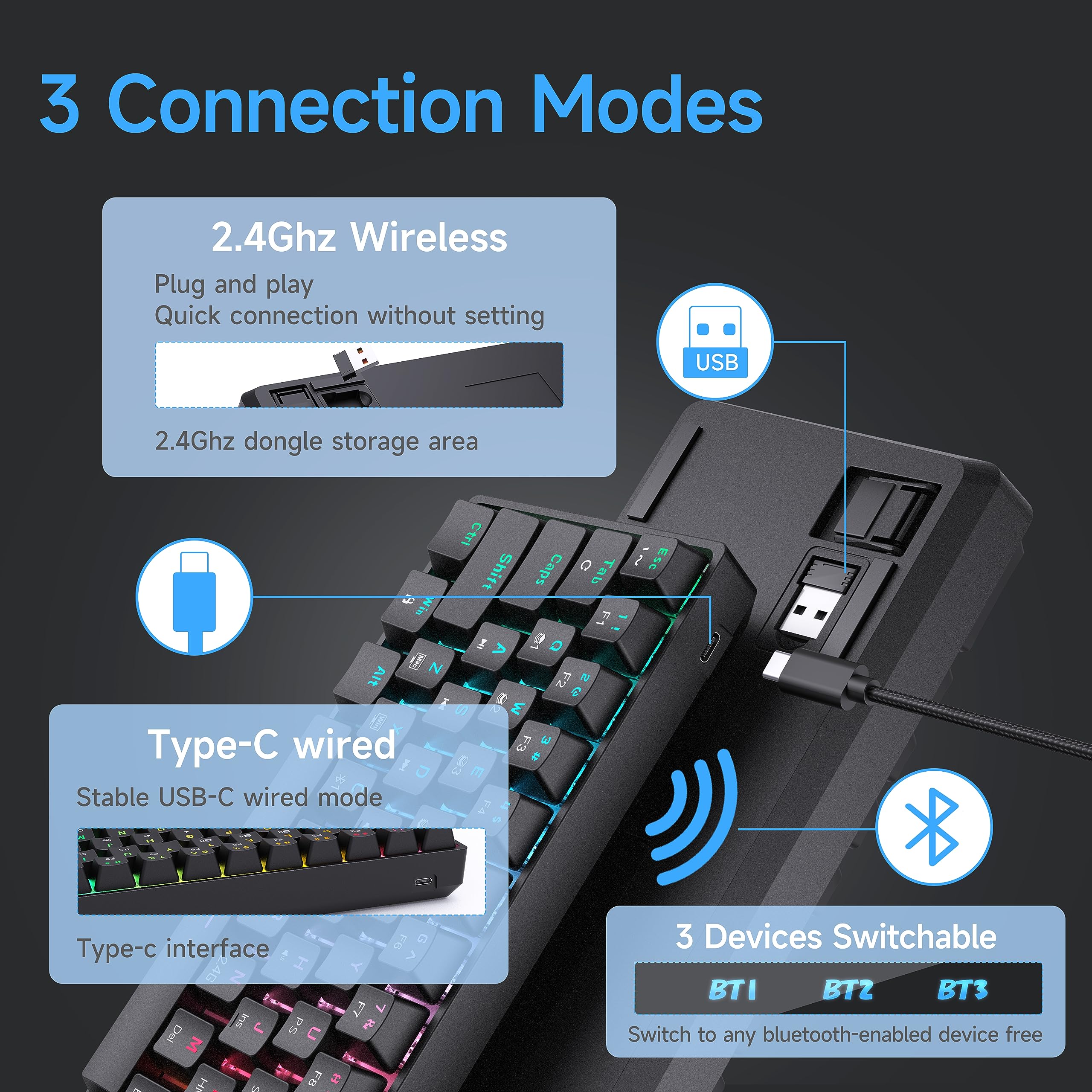 DIERYA DK63 60% Wireless Mechanical Gaming Keyboard - Bluetooth/2.4G/Wired RGB Backlit Compact 63-Key | Red Switch | Anti-Ghosting | for Windows PC Laptop Gamers & Typists | Perfect for Esports, Office Work & Travel (Black)