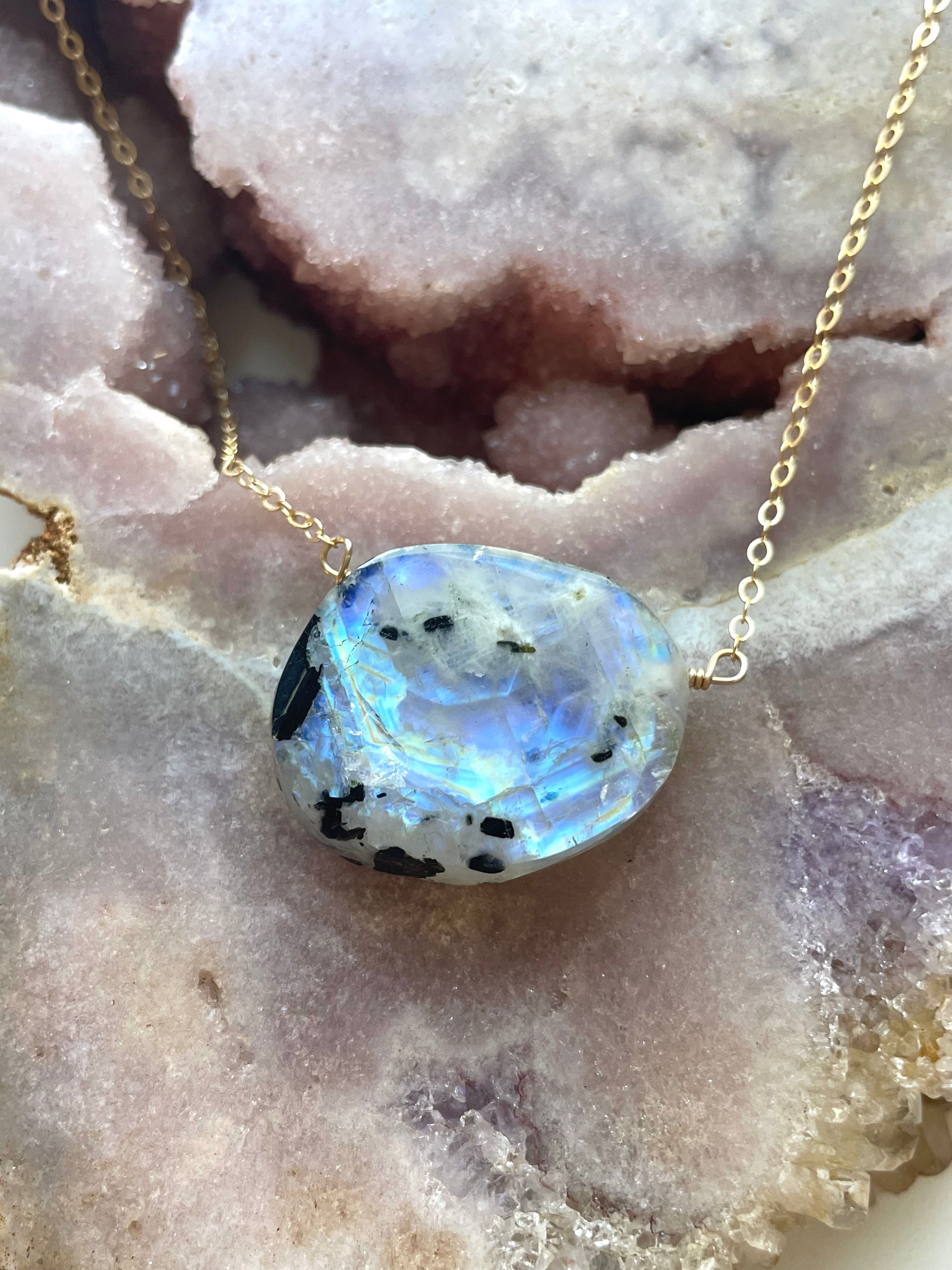 14K Gold Filled Rainbow Moonstone Statement Necklace for Women - Elegant Boho Jewelry for Parties, Weddings & Everyday Wear